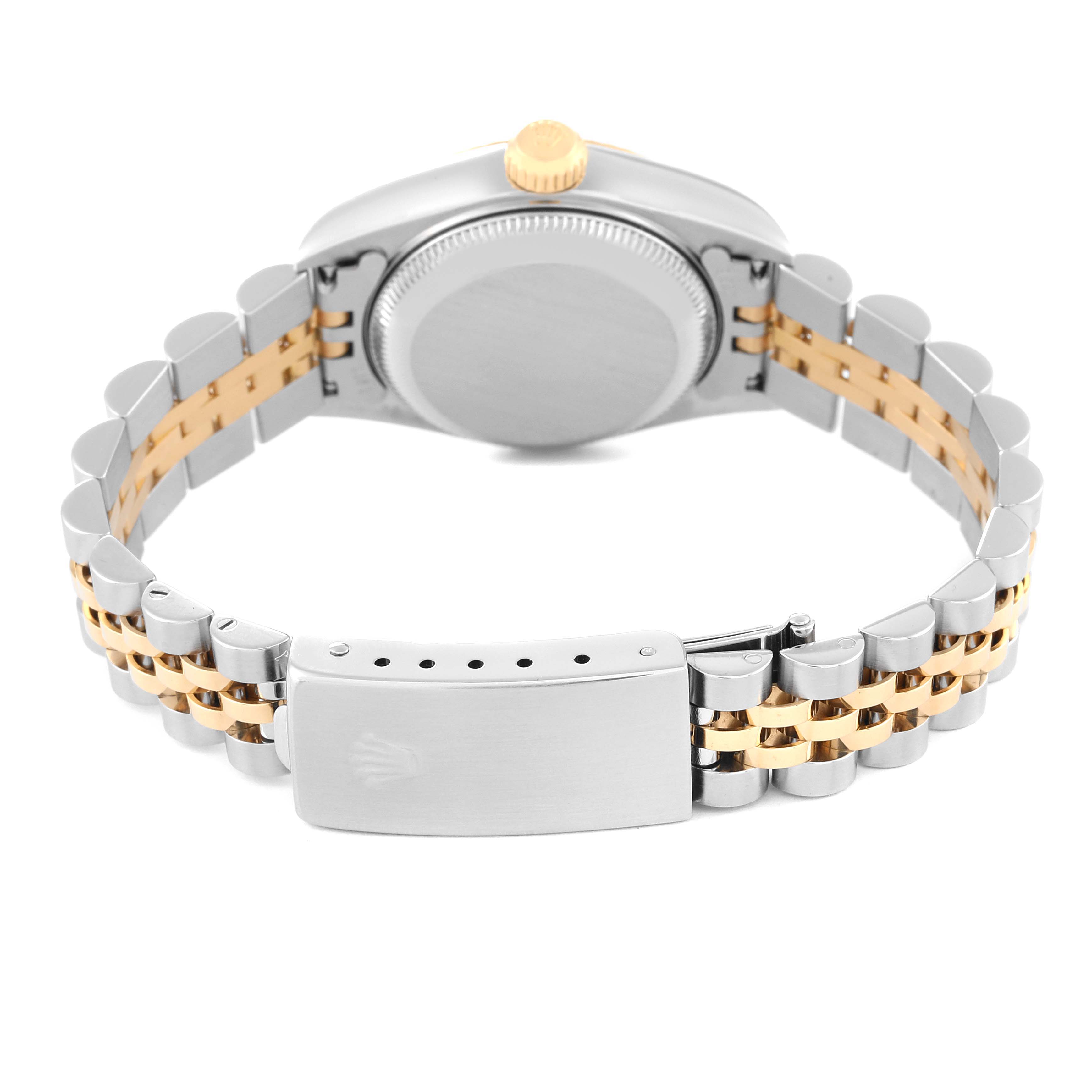 This image shows the back view of a Rolex Datejust 79173 Women's Steel and Gold (two tone) Mother of Pearl Dial 79173 Women's Steel and Gold (two tone) Mother of Pearl Dial watch, highlighting the clasp and two-tone bracelet.