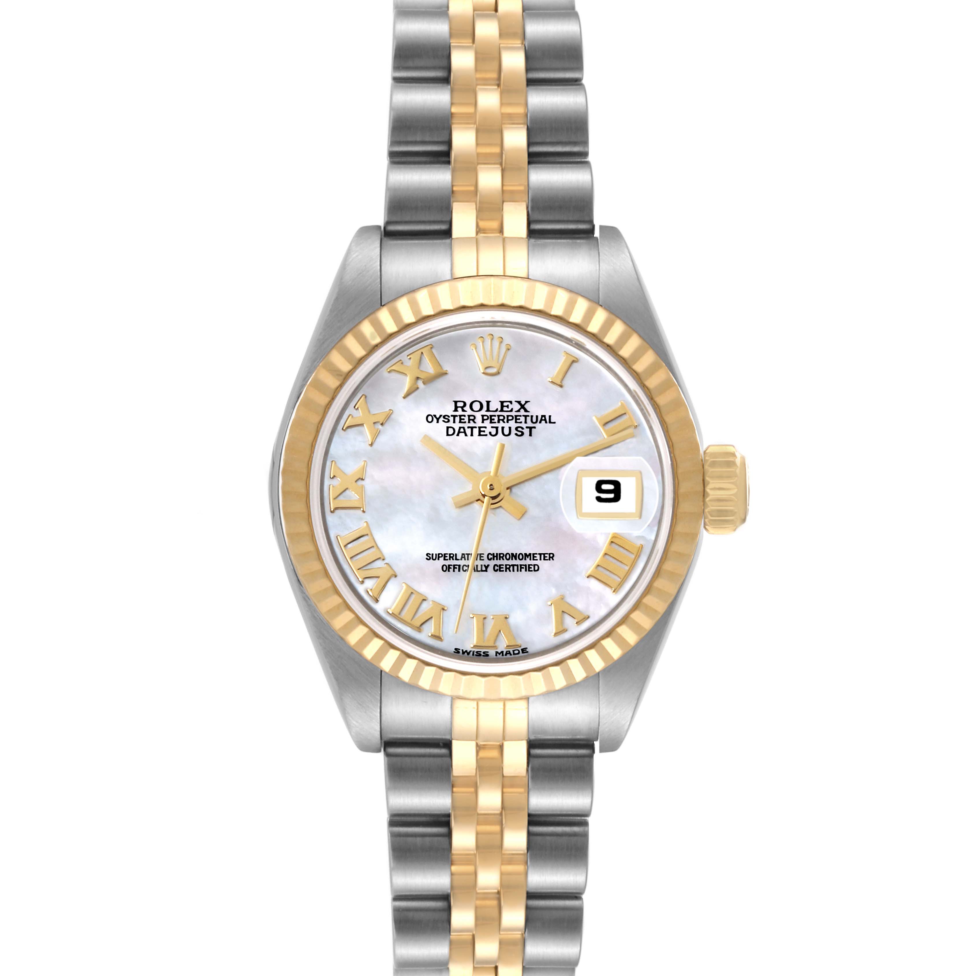 This is a front view of a Rolex Datejust 79173 Women's Steel and Gold (two tone) Mother of Pearl Dial 79173 Women's Steel and Gold (two tone) Mother of Pearl Dial watch showing the dial, bezel, crown, and bracelet.