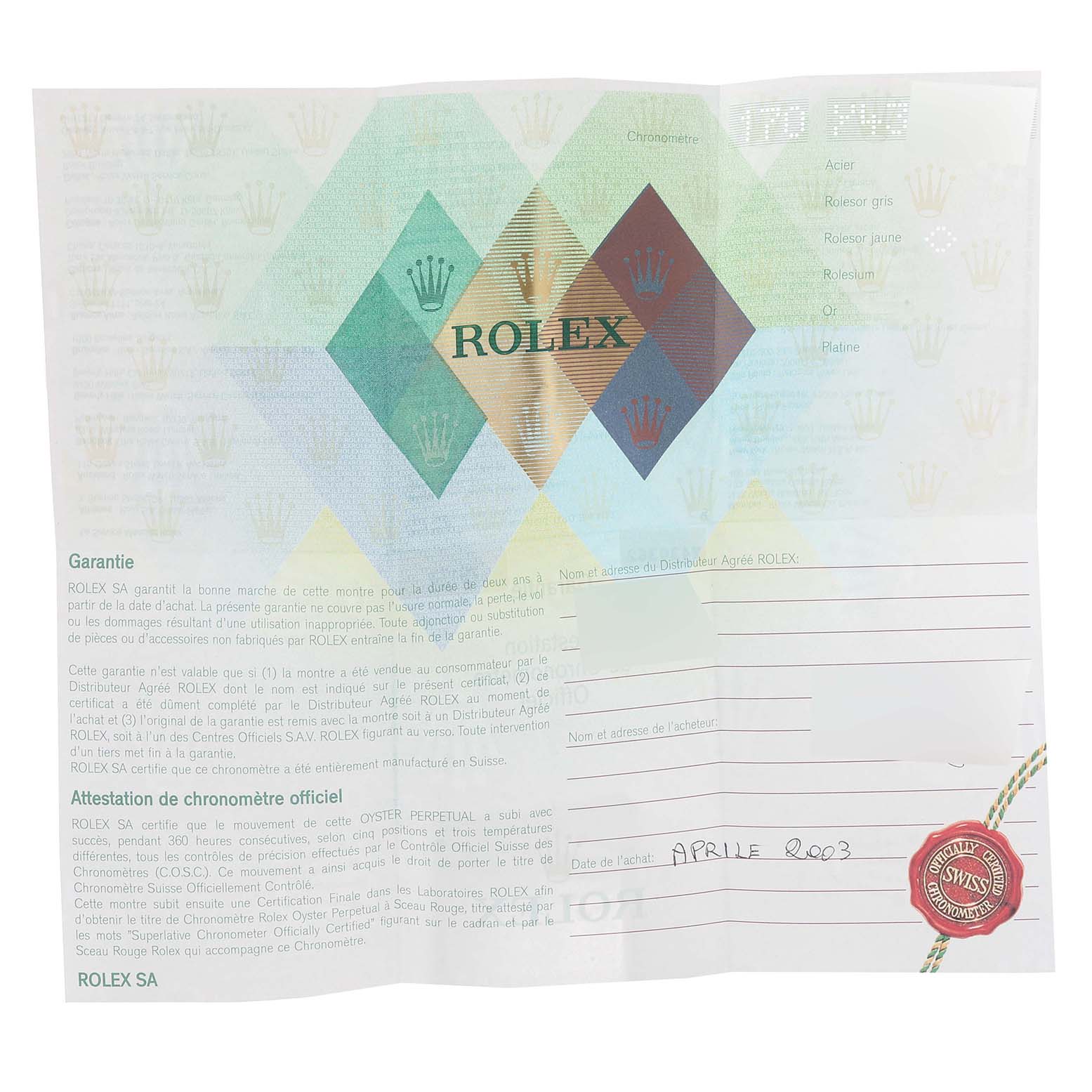 The image shows the guarantee and chronometer certificate paperwork for a Datejust model by Rolex.