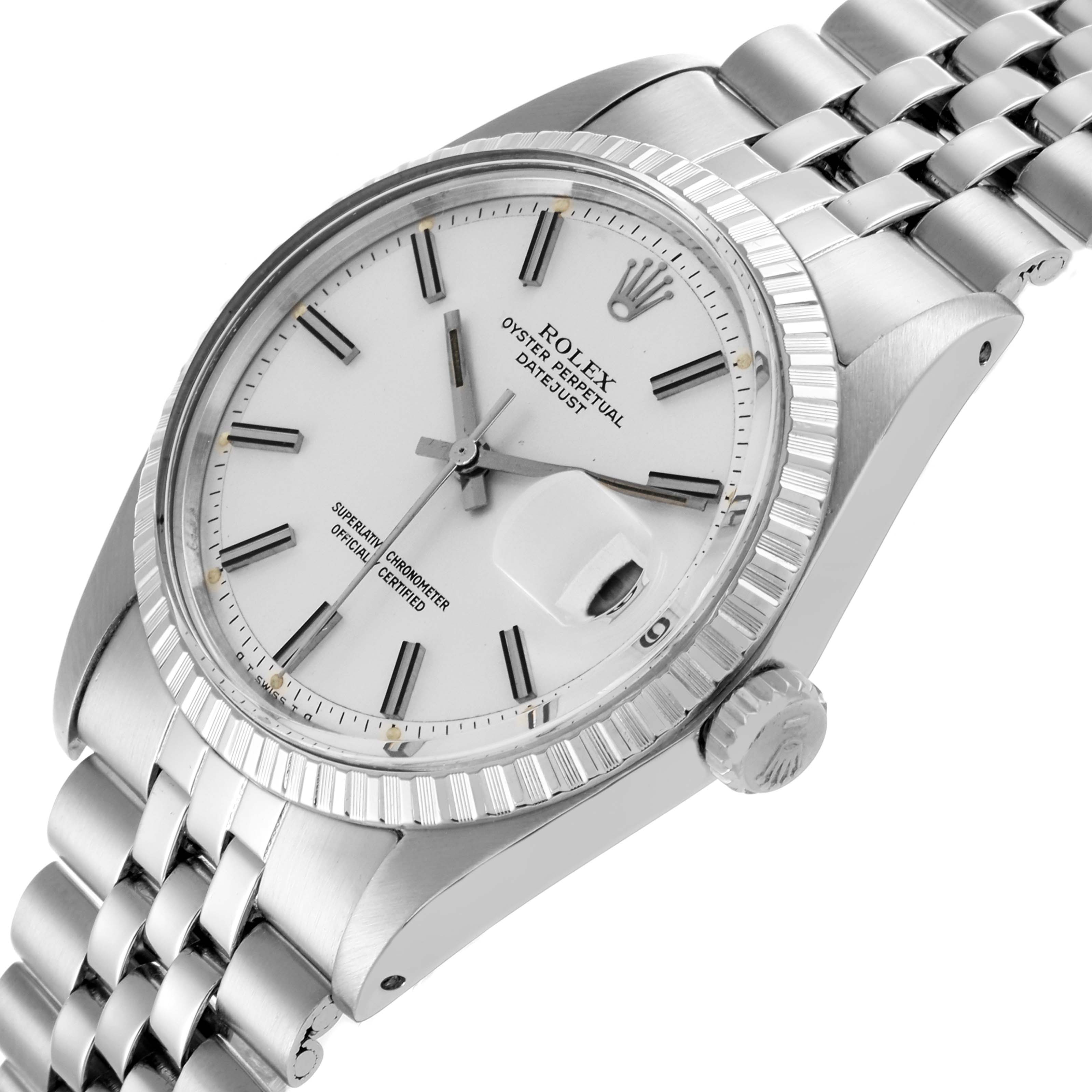 The Rolex Vintage Collection 1603 Men's Stainless Steel Silver Dial 1603 Men's Stainless Steel Silver Dial watch is shown from a three-quarters angle, highlighting the face, bezel, crown, and bracelet.