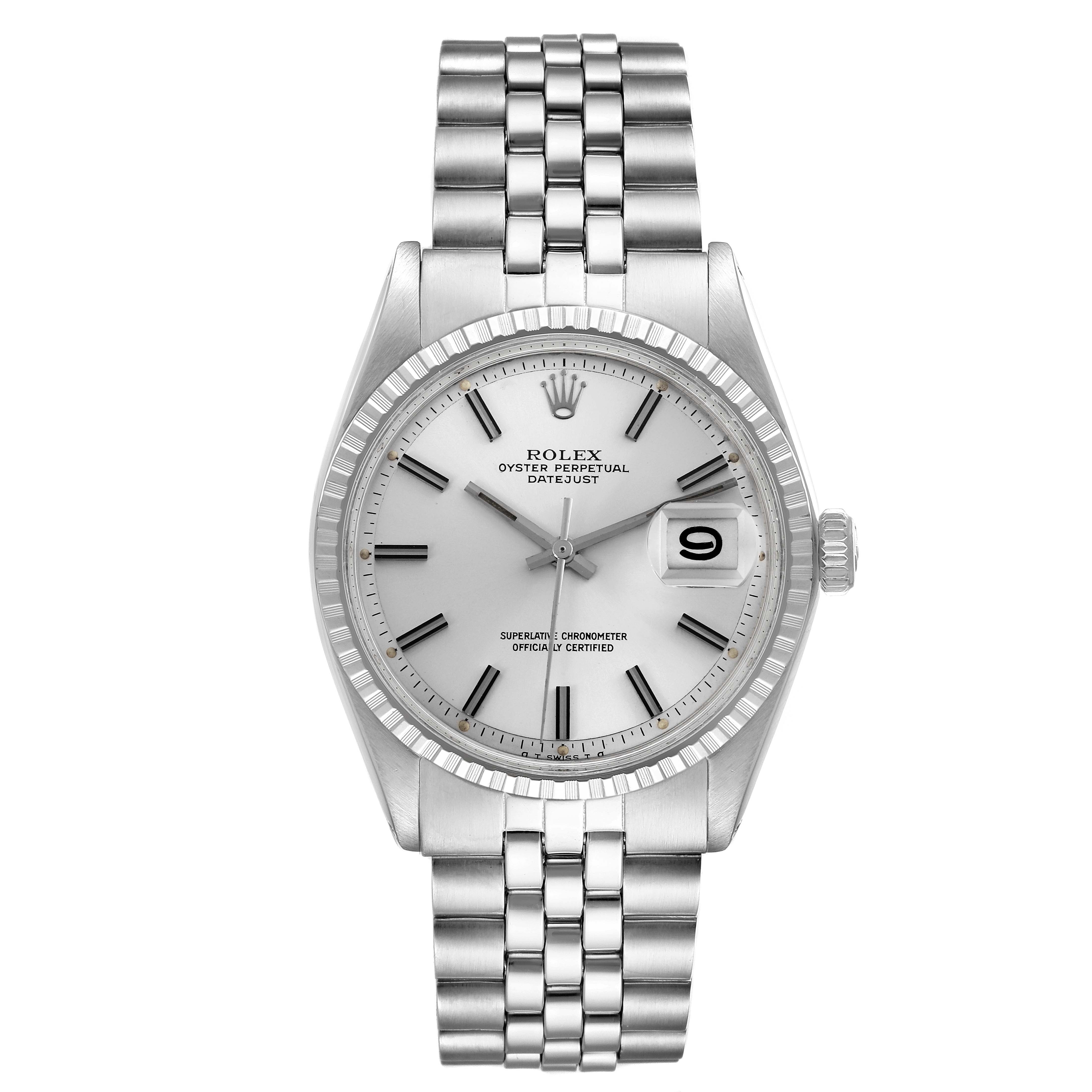 The Rolex Vintage Collection 1603 Men's Stainless Steel Silver Dial 1603 Men's Stainless Steel Silver Dial model is shown from a front view, featuring the dial, bezel, bracelet, and crown.