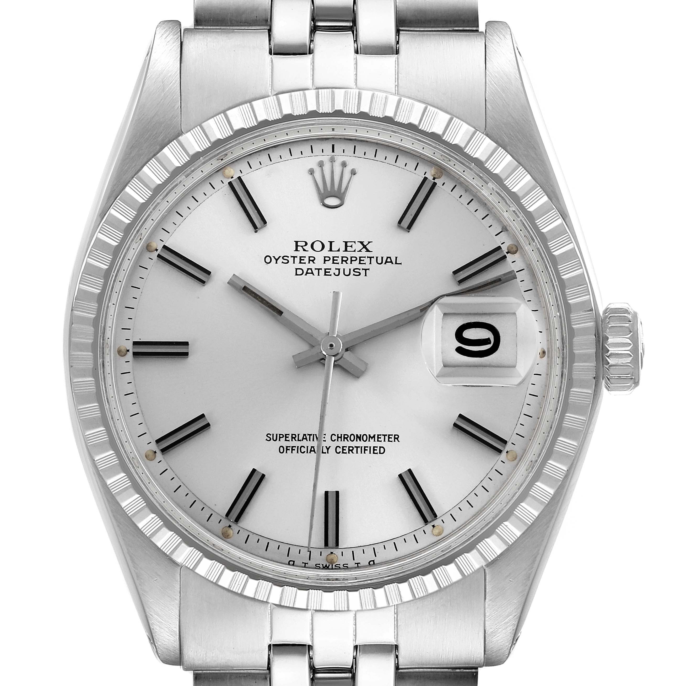 The Rolex Vintage Collection 1603 Men's Stainless Steel Silver Dial 1603 Men's Stainless Steel Silver Dial watch is shown from a front angle, displaying the entire face, bezel, and part of the bracelet.