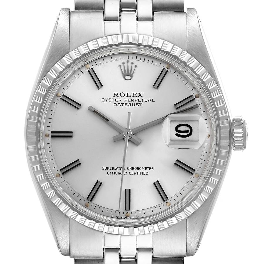 The Rolex Vintage Collection watch is shown from a front angle, displaying the entire face, bezel, and part of the bracelet.