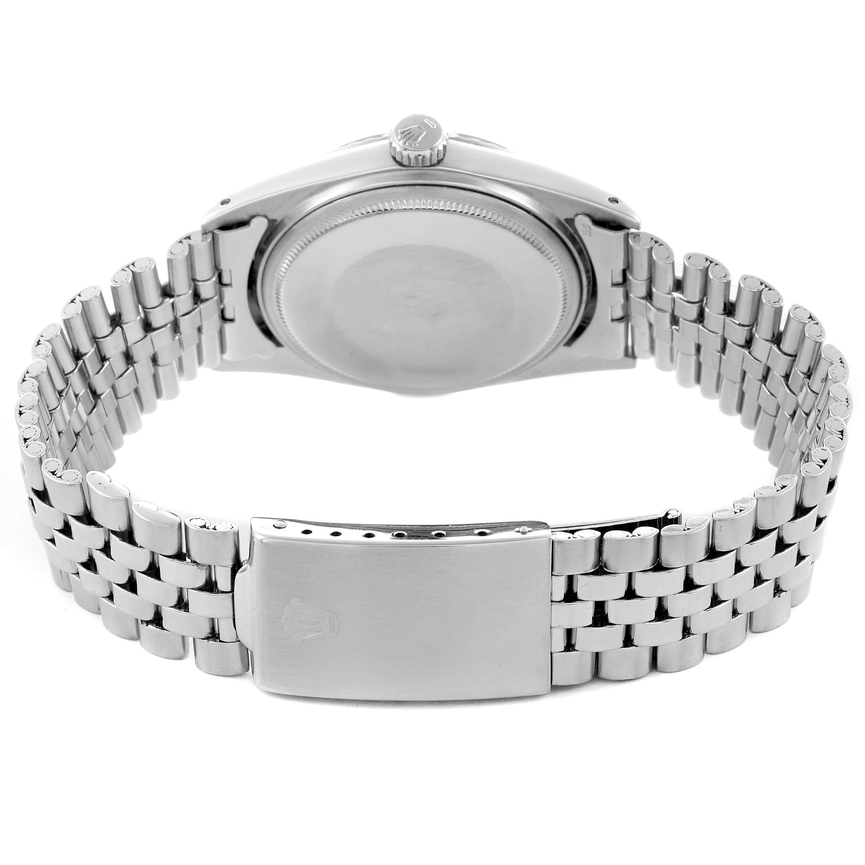 The image shows the back case, crown, and bracelet of the Rolex Vintage Collection 1603 Men's Stainless Steel Silver Dial 1603 Men's Stainless Steel Silver Dial watch from a rear angle.