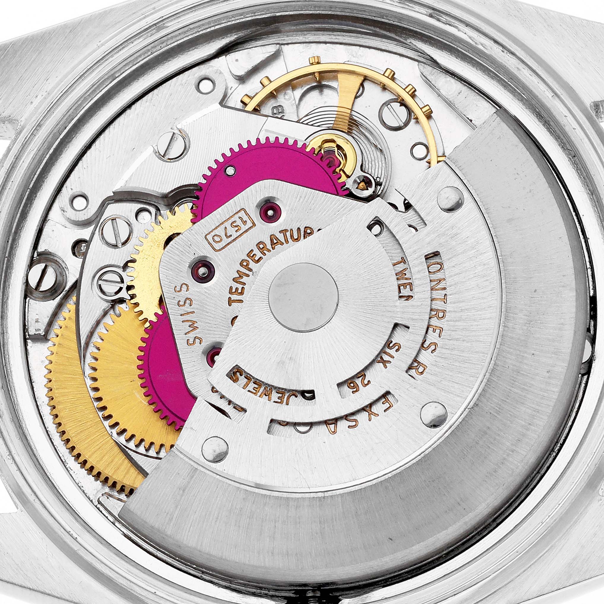 The image shows the intricate internal movement of the Rolex Vintage Collection 1603 Men's Stainless Steel Silver Dial 1603 Men's Stainless Steel Silver Dial watch from a top-down angle.