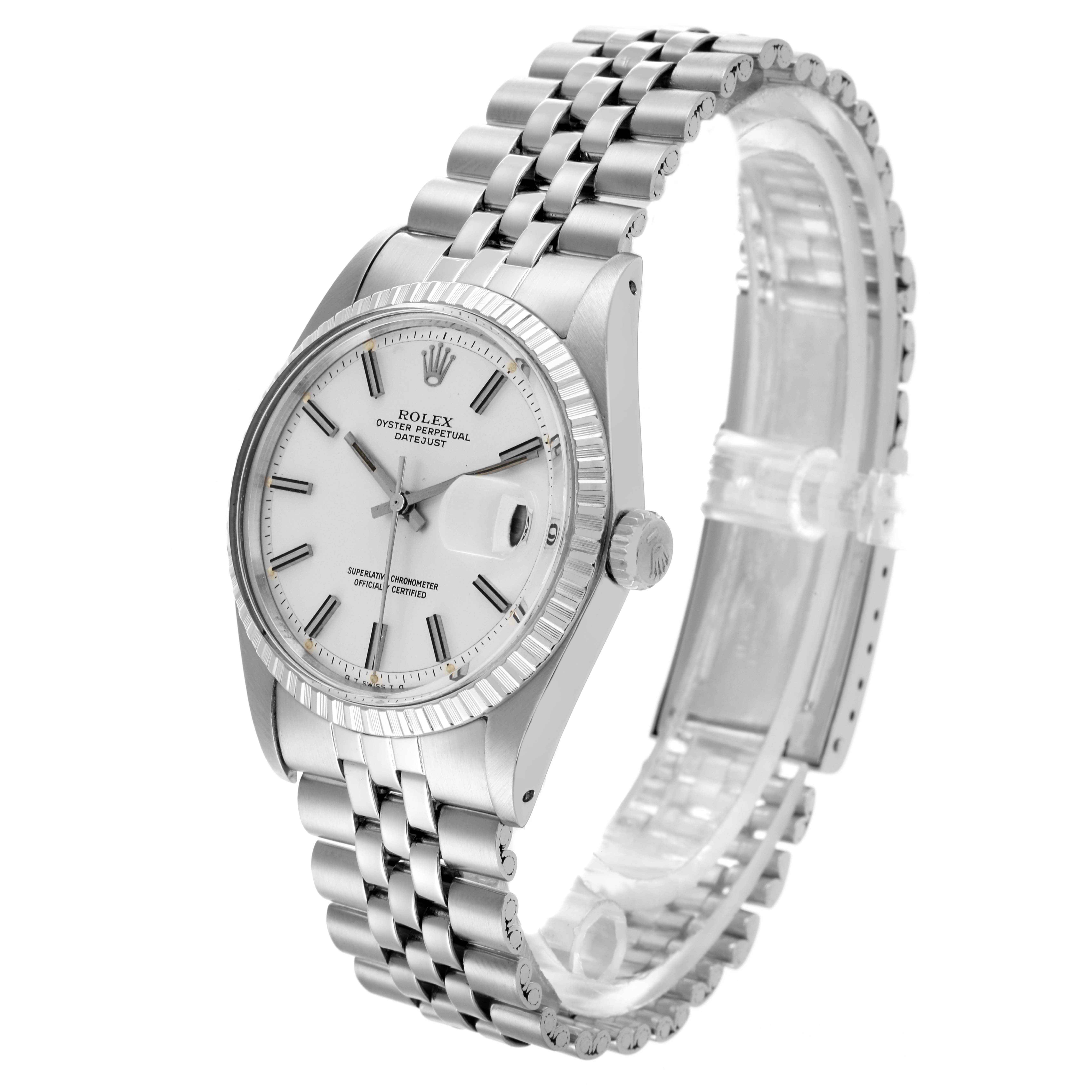 The Rolex Vintage Collection 1603 Men's Stainless Steel Silver Dial 1603 Men's Stainless Steel Silver Dial watch is shown at a three-quarter angle, highlighting the face, bezel, and bracelet.