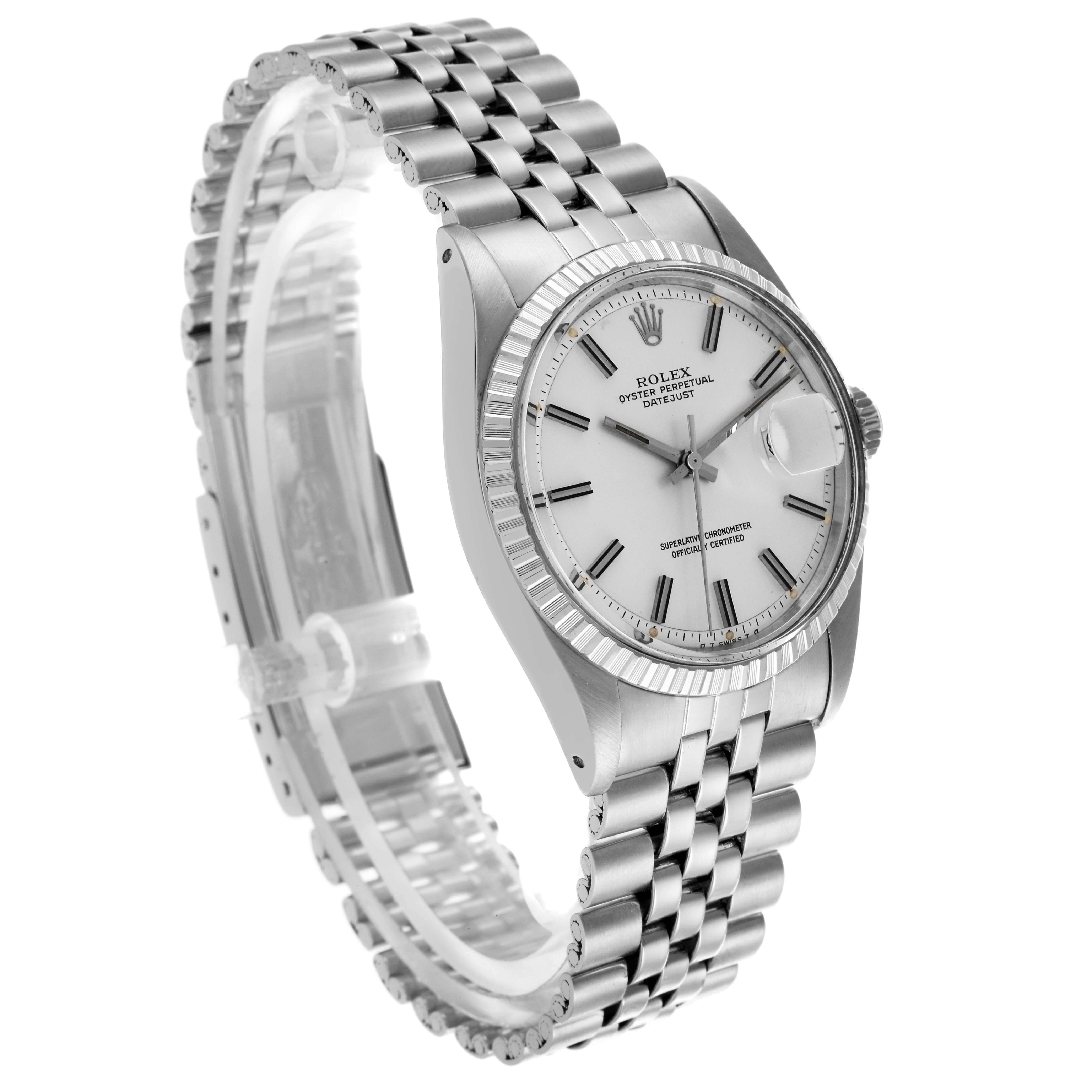 The Rolex Vintage Collection 1603 Men's Stainless Steel Silver Dial 1603 Men's Stainless Steel Silver Dial model is shown at a tilted angle, displaying the face, bezel, crown, and bracelet.
