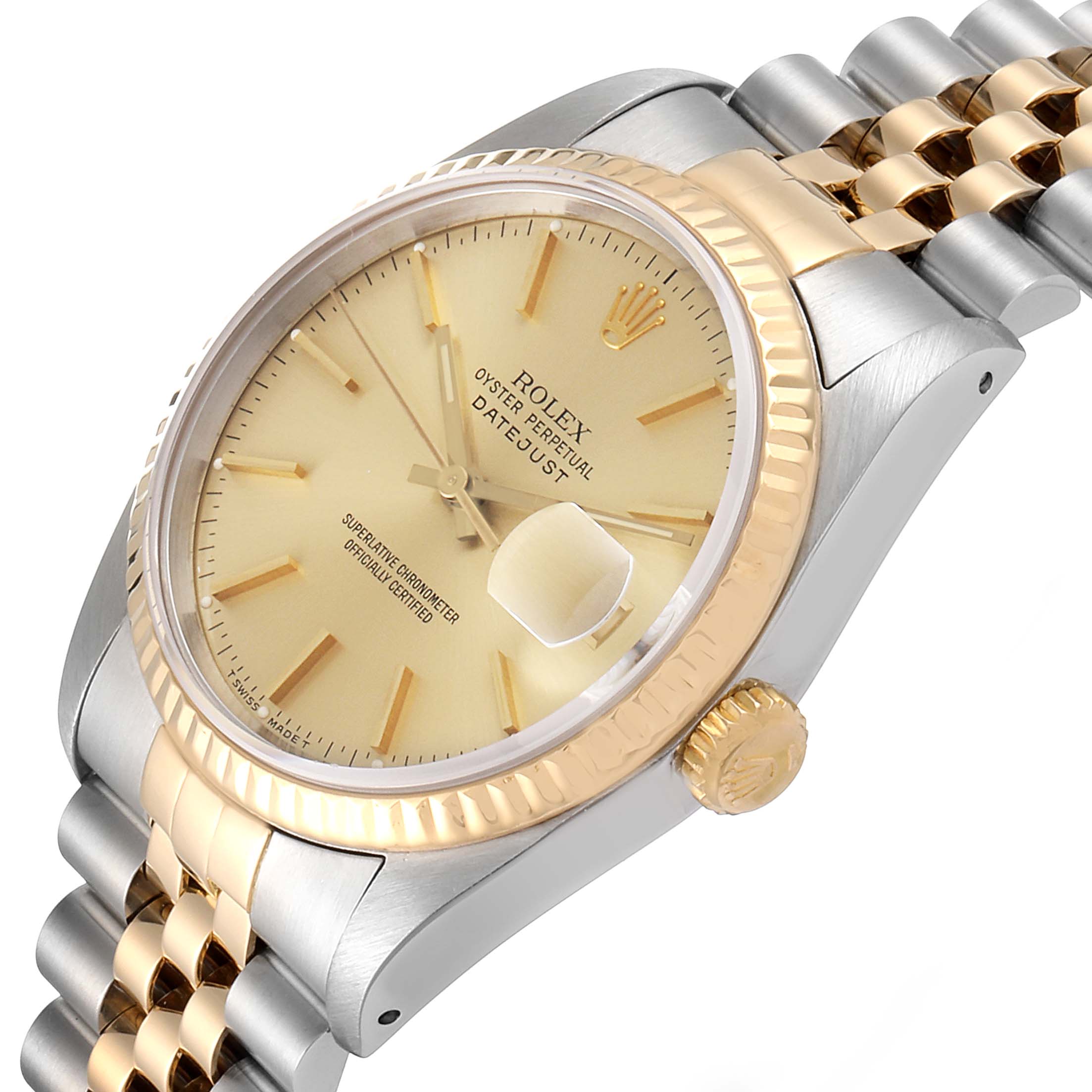 The image shows a Rolex Datejust 16233 Men's Steel and Gold (two tone) Champagne Dial 16233 Men's Steel and Gold (two tone) Champagne Dial watch from a side angle, focusing on the dial, case, bezel, crown, and part of the bracelet.