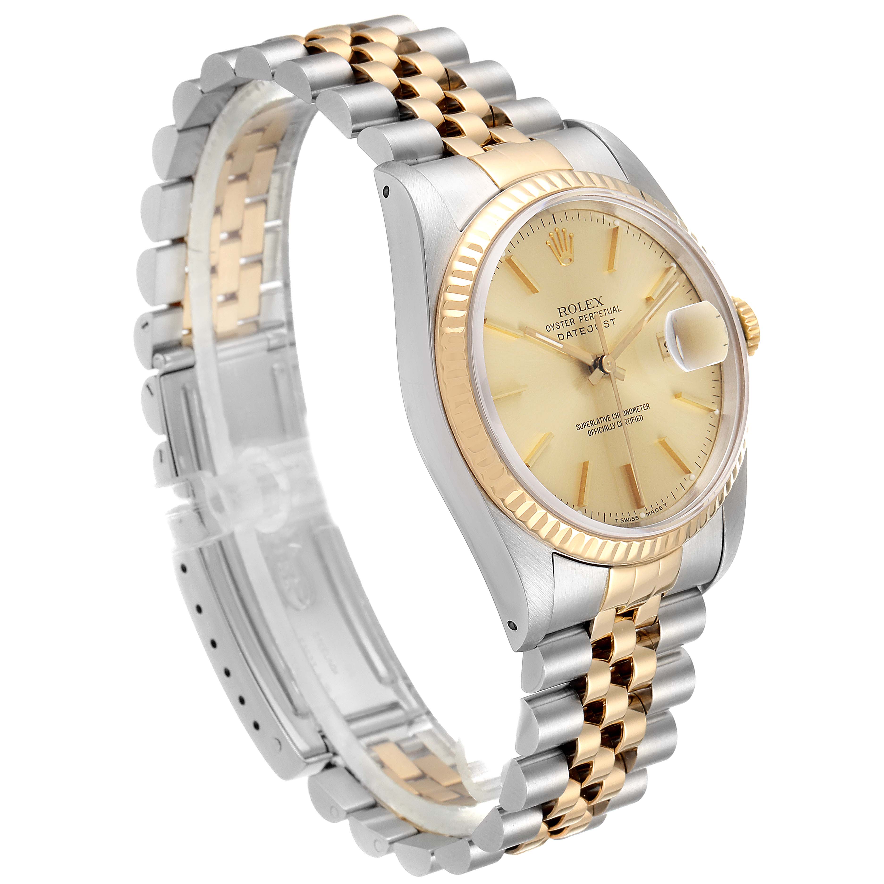 The image shows a side angle of the Rolex Datejust 16233 Men's Steel and Gold (two tone) Champagne Dial 16233 Men's Steel and Gold (two tone) Champagne Dial watch, highlighting its two-tone stainless steel and gold bracelet and bezel.
