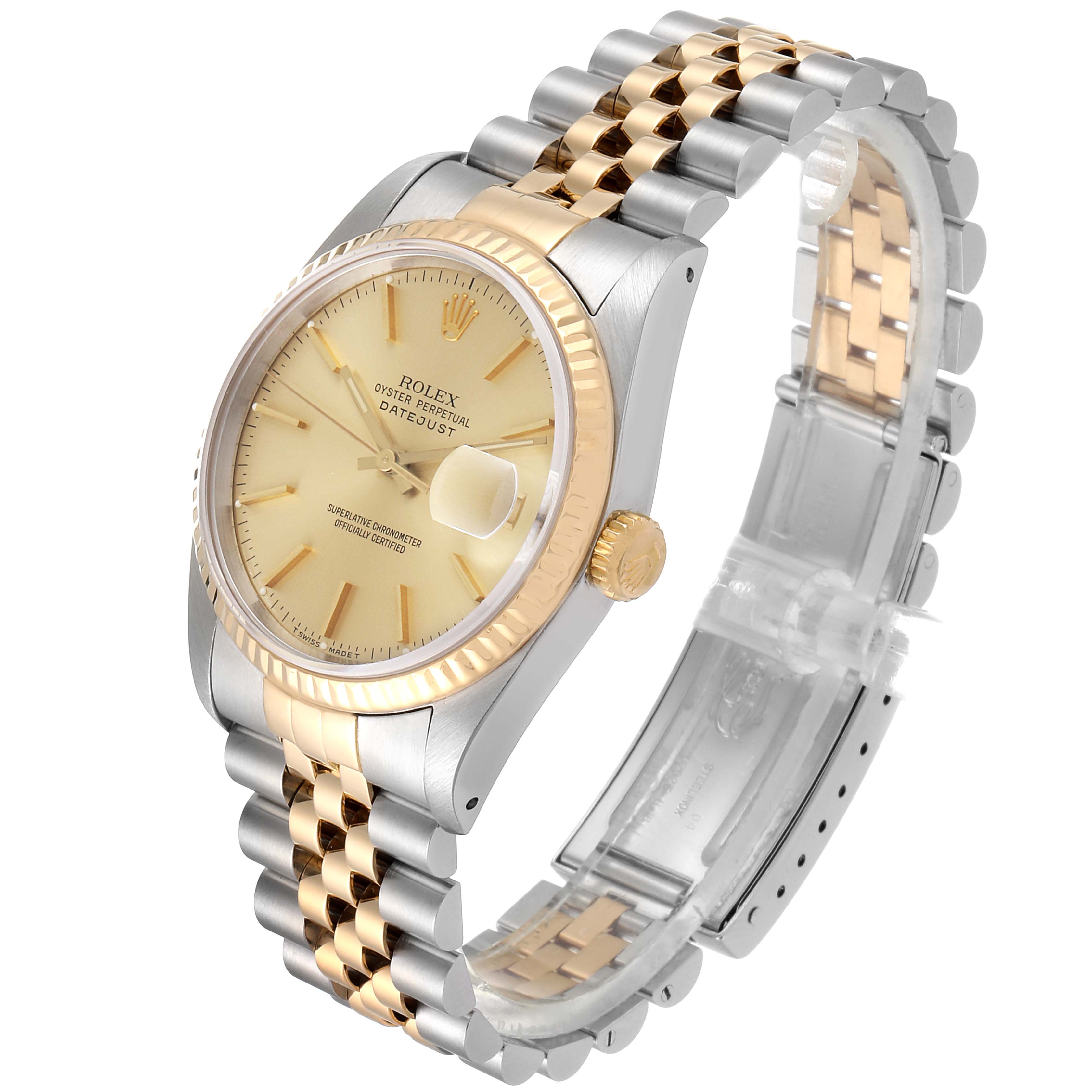 This image shows a Rolex Datejust 16233 Men's Steel and Gold (two tone) Champagne Dial 16233 Men's Steel and Gold (two tone) Champagne Dial watch from a side-angle, highlighting the dial, bracelet, and crown.
