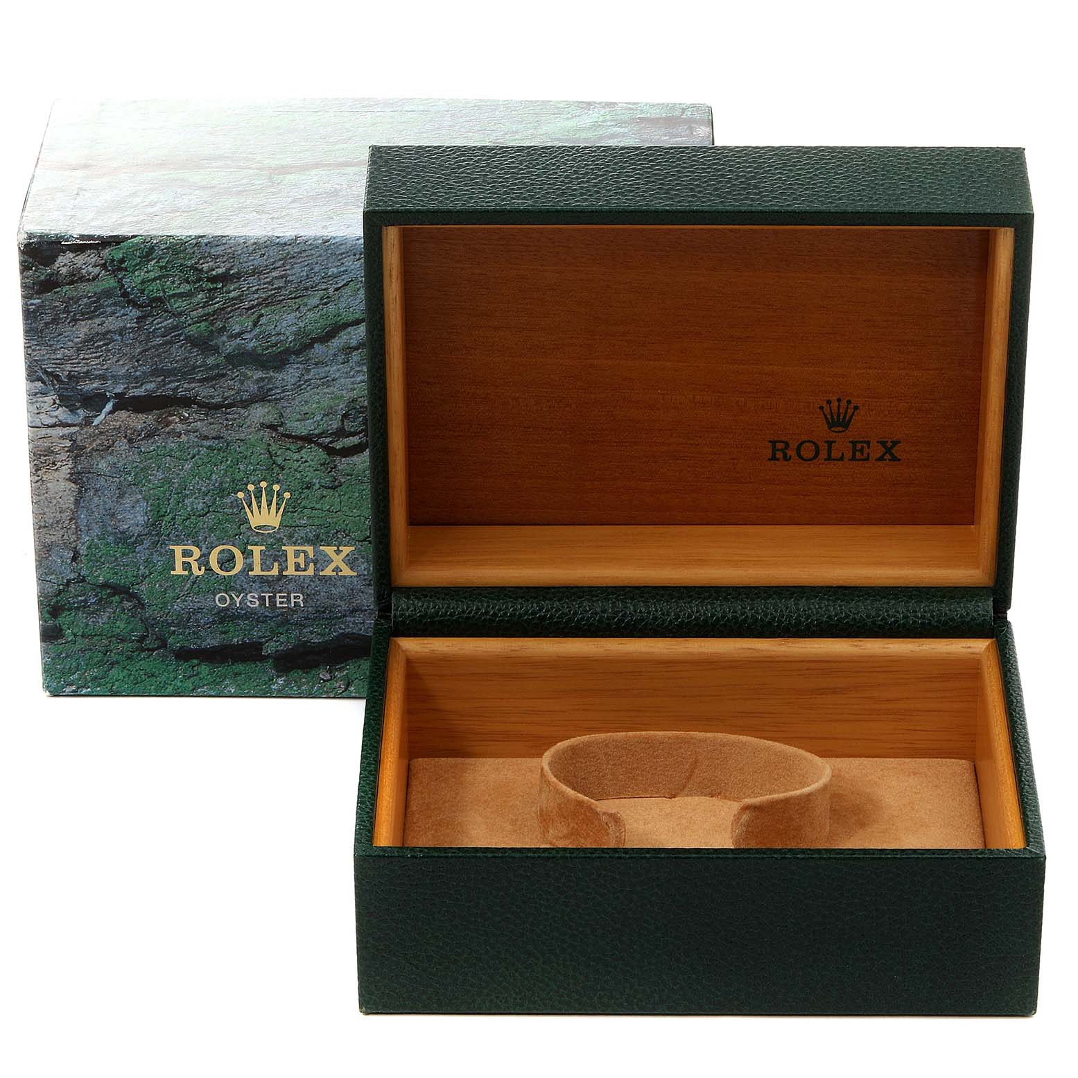 The image shows an open Rolex Datejust 16233 Men's Steel and Gold (two tone) Champagne Dial 16233 Men's Steel and Gold (two tone) Champagne Dial watch box and its outer packaging from a front angle.