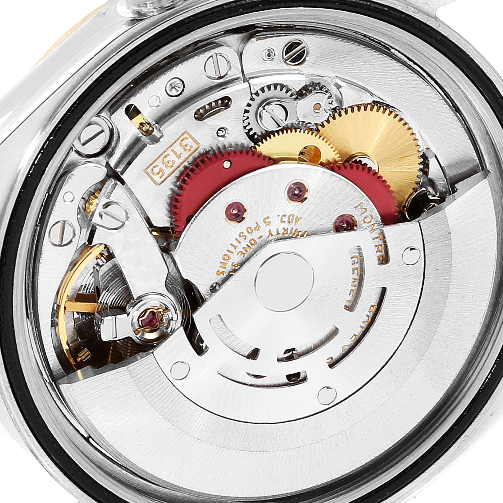 This image shows the internal mechanical movement of a Rolex Datejust 16233 Men's Steel and Gold (two tone) Champagne Dial 16233 Men's Steel and Gold (two tone) Champagne Dial watch from a top-down angle.