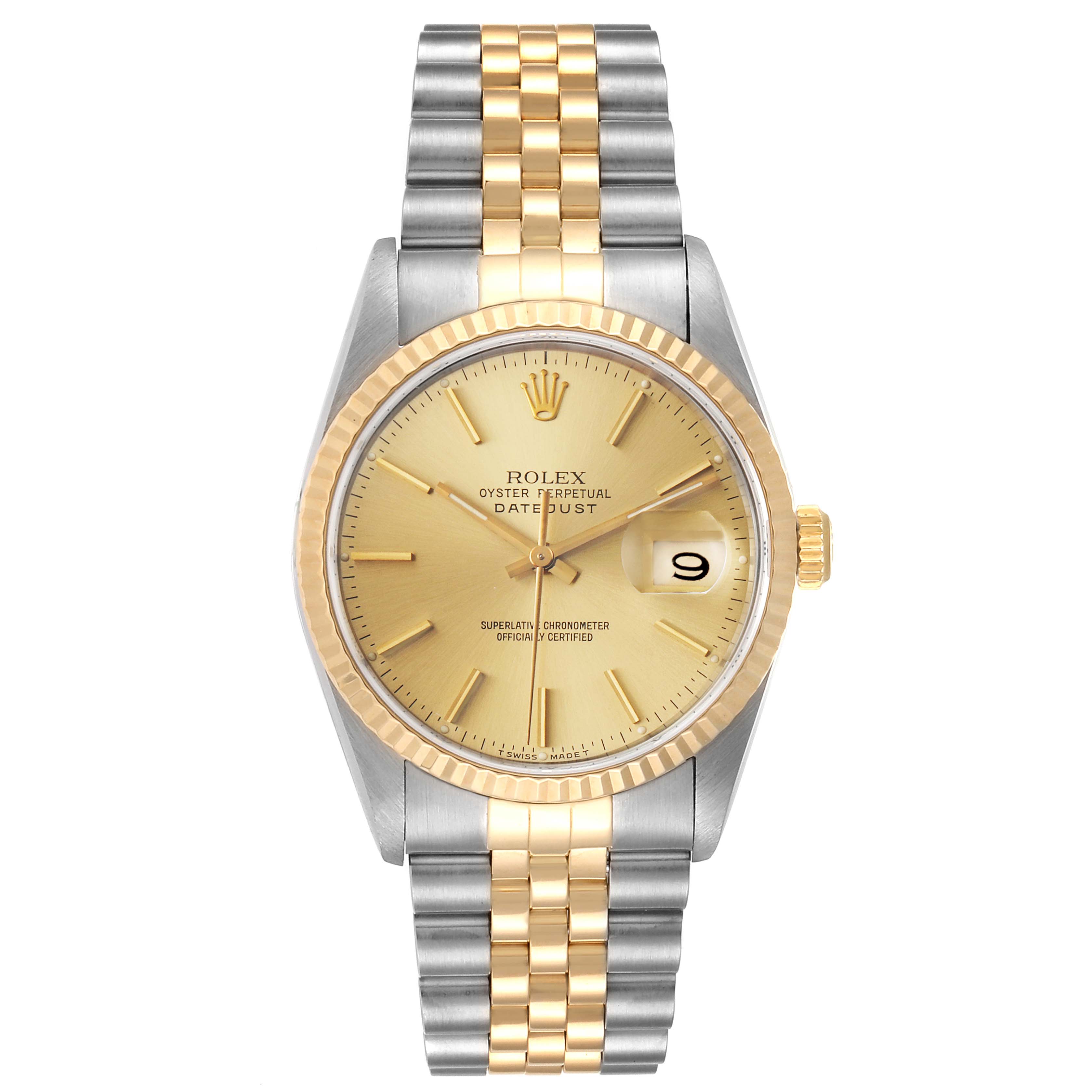 The image shows a front view of a Rolex Datejust 16233 Men's Steel and Gold (two tone) Champagne Dial 16233 Men's Steel and Gold (two tone) Champagne Dial watch, showcasing its gold dial, fluted bezel, and two-tone metallic bracelet.