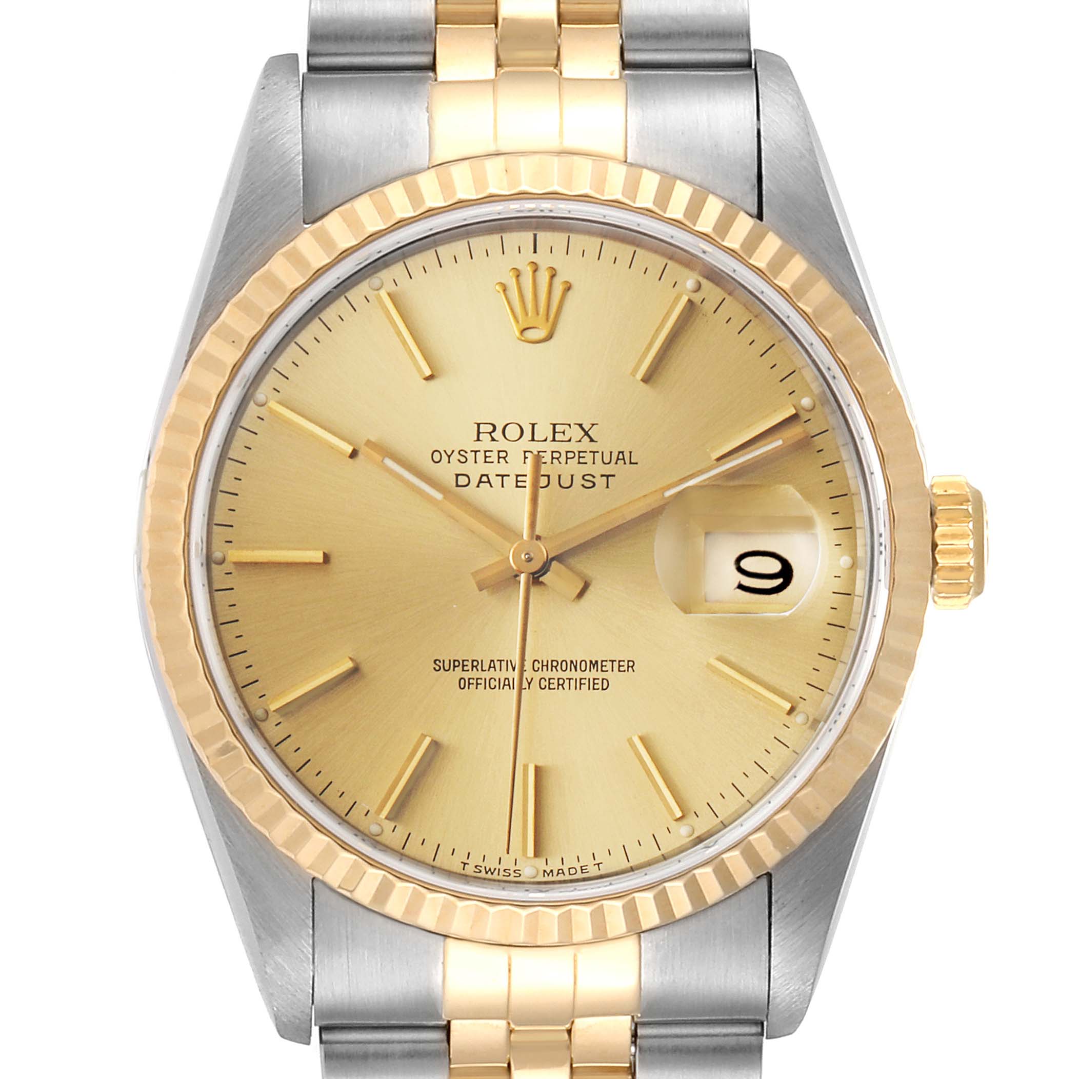The image shows a frontal view of a Rolex Datejust 16233 Men's Steel and Gold (two tone) Champagne Dial 16233 Men's Steel and Gold (two tone) Champagne Dial watch, highlighting the dial, bezel, crown, and bracelet.