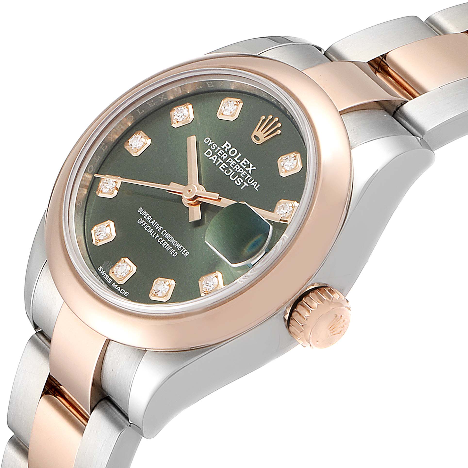 The image shows a close-up side angle of a Rolex Datejust 279161 Women's Steel and Gold (two tone) Green Dial 279161 Women's Steel and Gold (two tone) Green Dial watch, highlighting the dial, bezel, crown, and part of the bracelet.