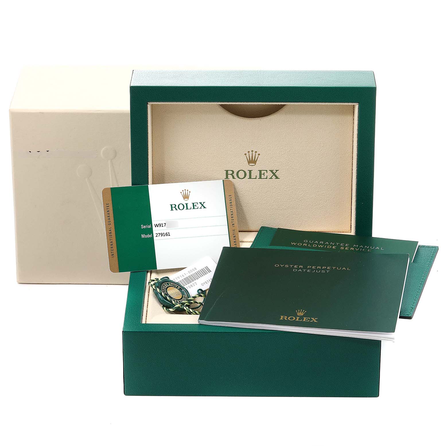 The image shows the packaging of the Rolex Datejust 279161 Women's Steel and Gold (two tone) Green Dial 279161 Women's Steel and Gold (two tone) Green Dial, including the box, guarantee card, manuals, and tags.
