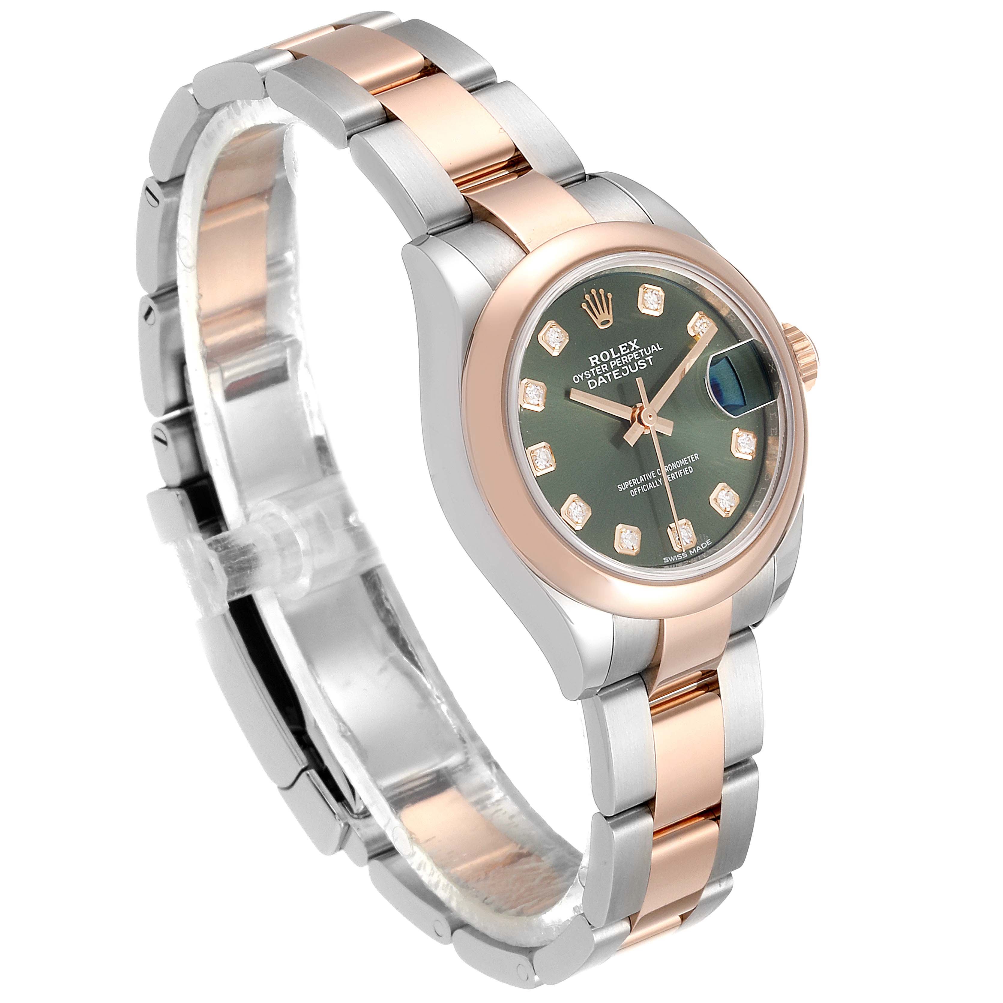 This image showcases a Rolex Datejust 279161 Women's Steel and Gold (two tone) Green Dial 279161 Women's Steel and Gold (two tone) Green Dial model watch in a side angle, highlighting the bracelet, case, and dial.