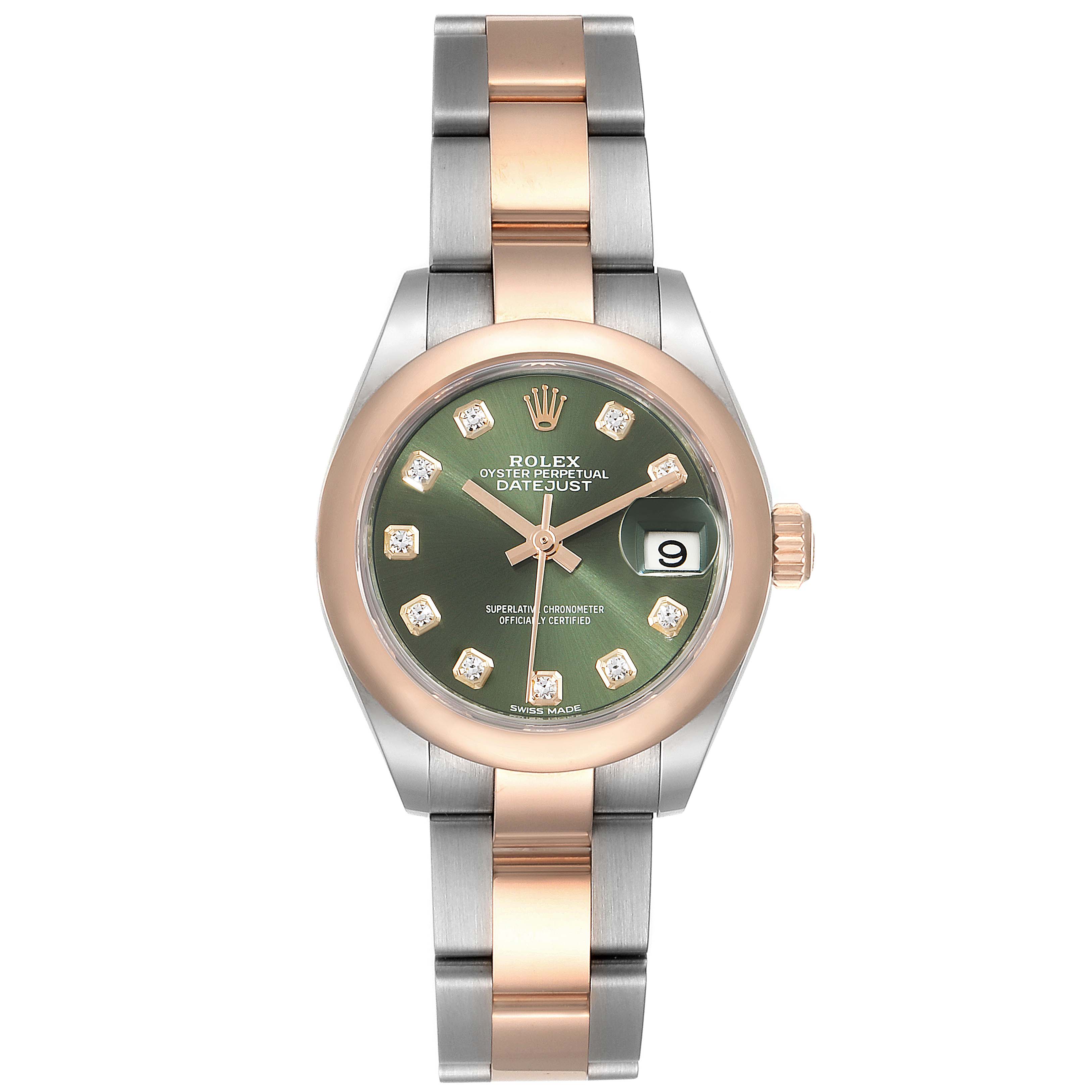 This image shows a front view of a Rolex Datejust 279161 Women's Steel and Gold (two tone) Green Dial 279161 Women's Steel and Gold (two tone) Green Dial watch, highlighting its green dial, two-tone bracelet, and date window.