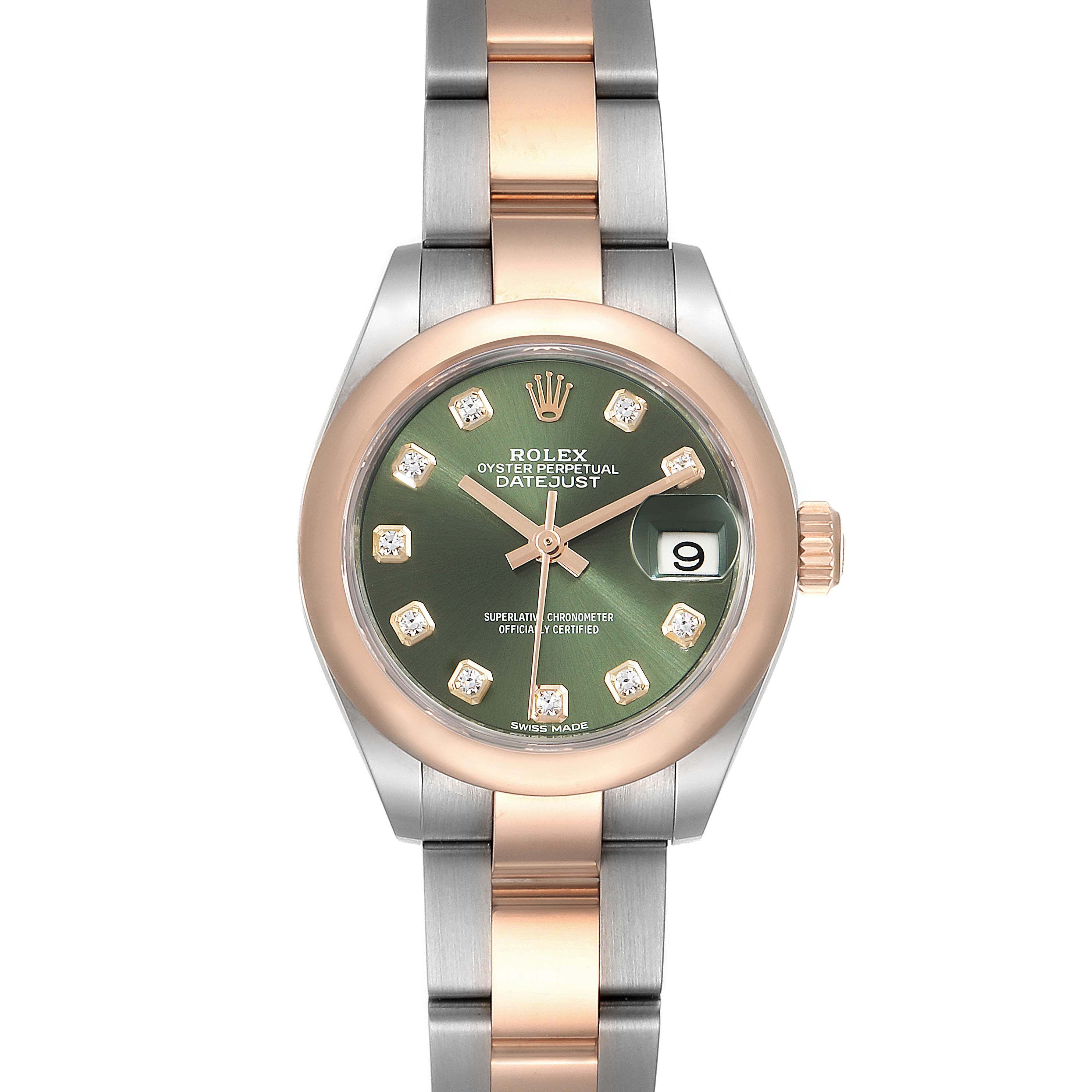 The image shows a front view of a Rolex Datejust 279161 Women's Steel and Gold (two tone) Green Dial 279161 Women's Steel and Gold (two tone) Green Dial watch with a two-tone bracelet and a green dial.