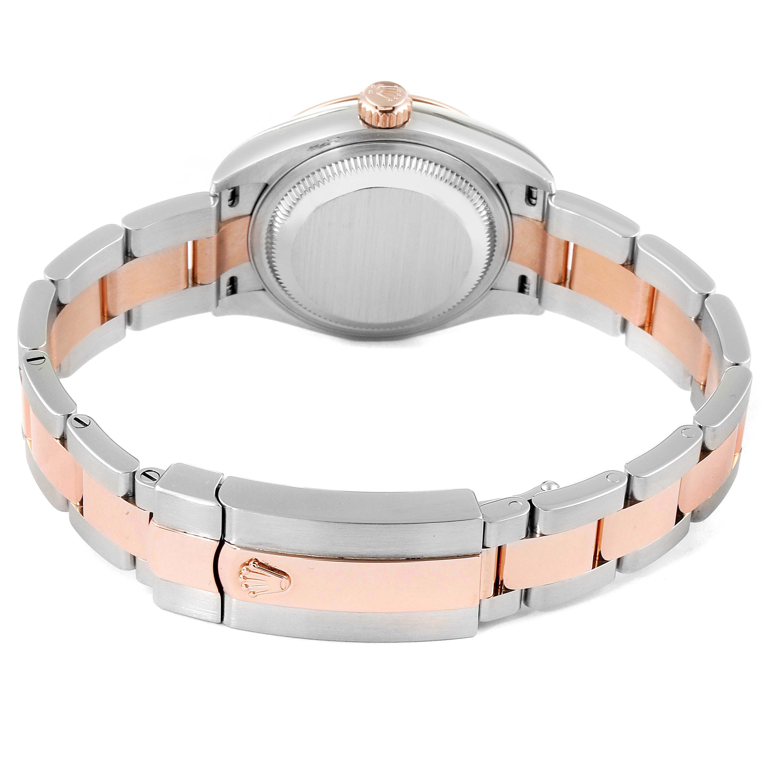 The image shows the back of the case and bracelet of a Rolex Datejust 279161 Women's Steel and Gold (two tone) Green Dial 279161 Women's Steel and Gold (two tone) Green Dial watch.