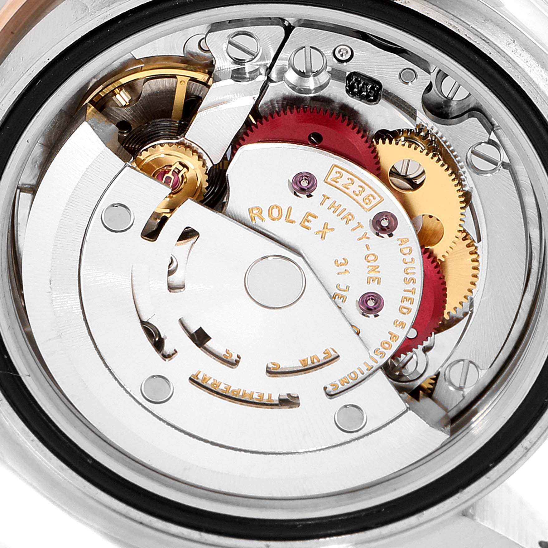 This is a close-up view of the internal movement mechanism of a Rolex Datejust 279161 Women's Steel and Gold (two tone) Green Dial 279161 Women's Steel and Gold (two tone) Green Dial watch, showcasing its intricate components.