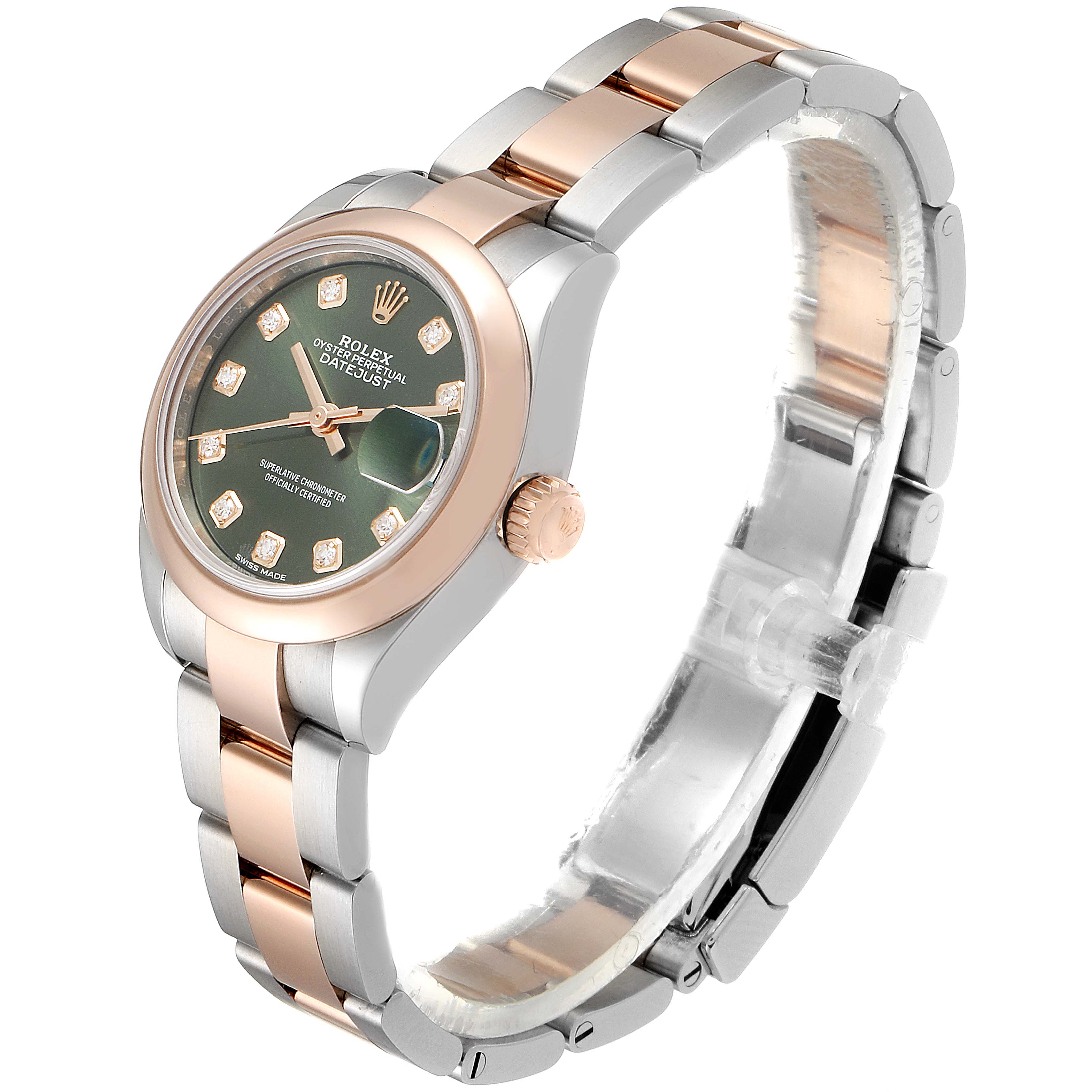This Rolex Datejust 279161 Women's Steel and Gold (two tone) Green Dial 279161 Women's Steel and Gold (two tone) Green Dial watch is shown at an oblique angle, highlighting its green dial, diamond hour markers, and two-tone bracelet.