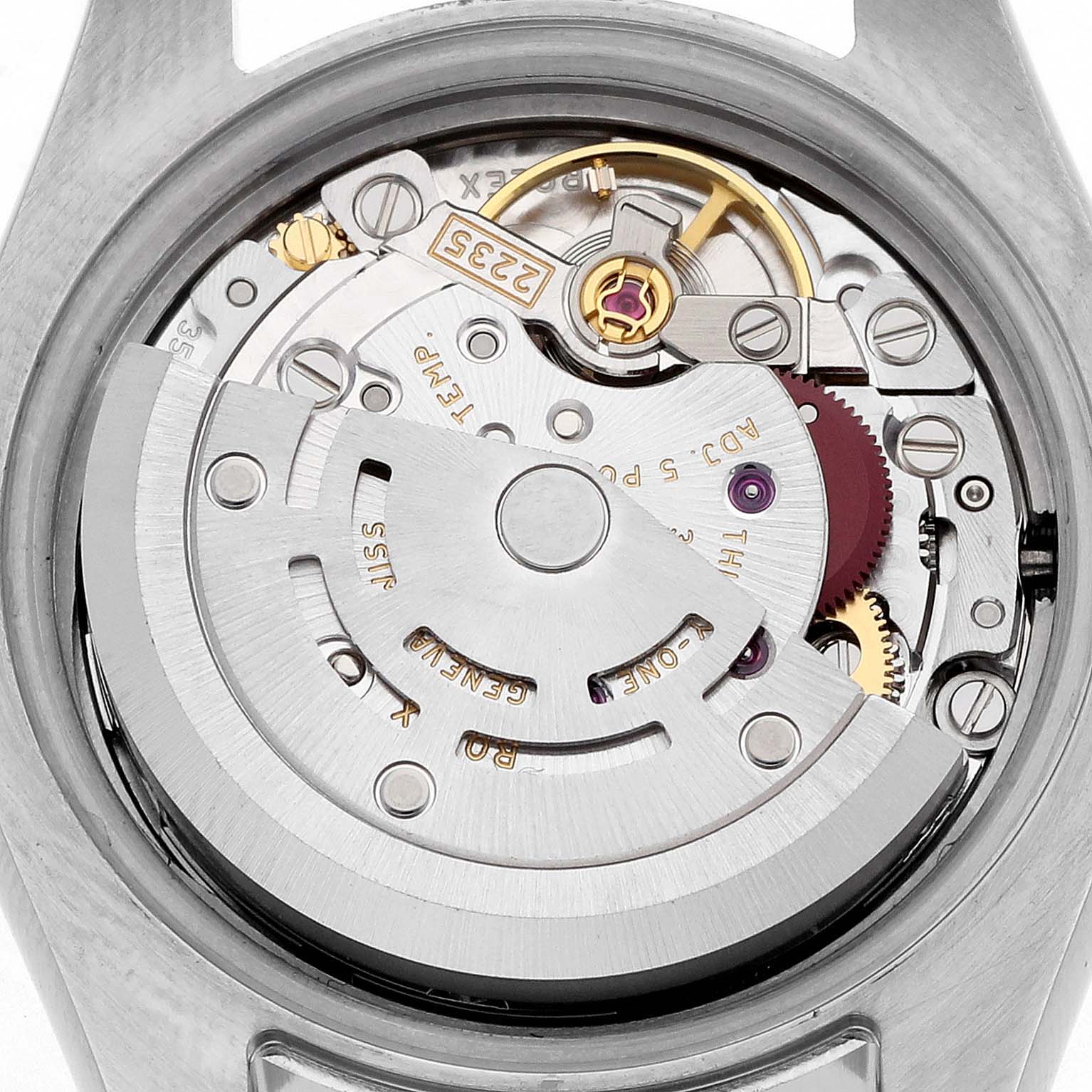 The image shows the back view of a Rolex Datejust 179171 Women's Steel and Gold (two tone) Pink Dial, highlighting the movement and internal mechanics.