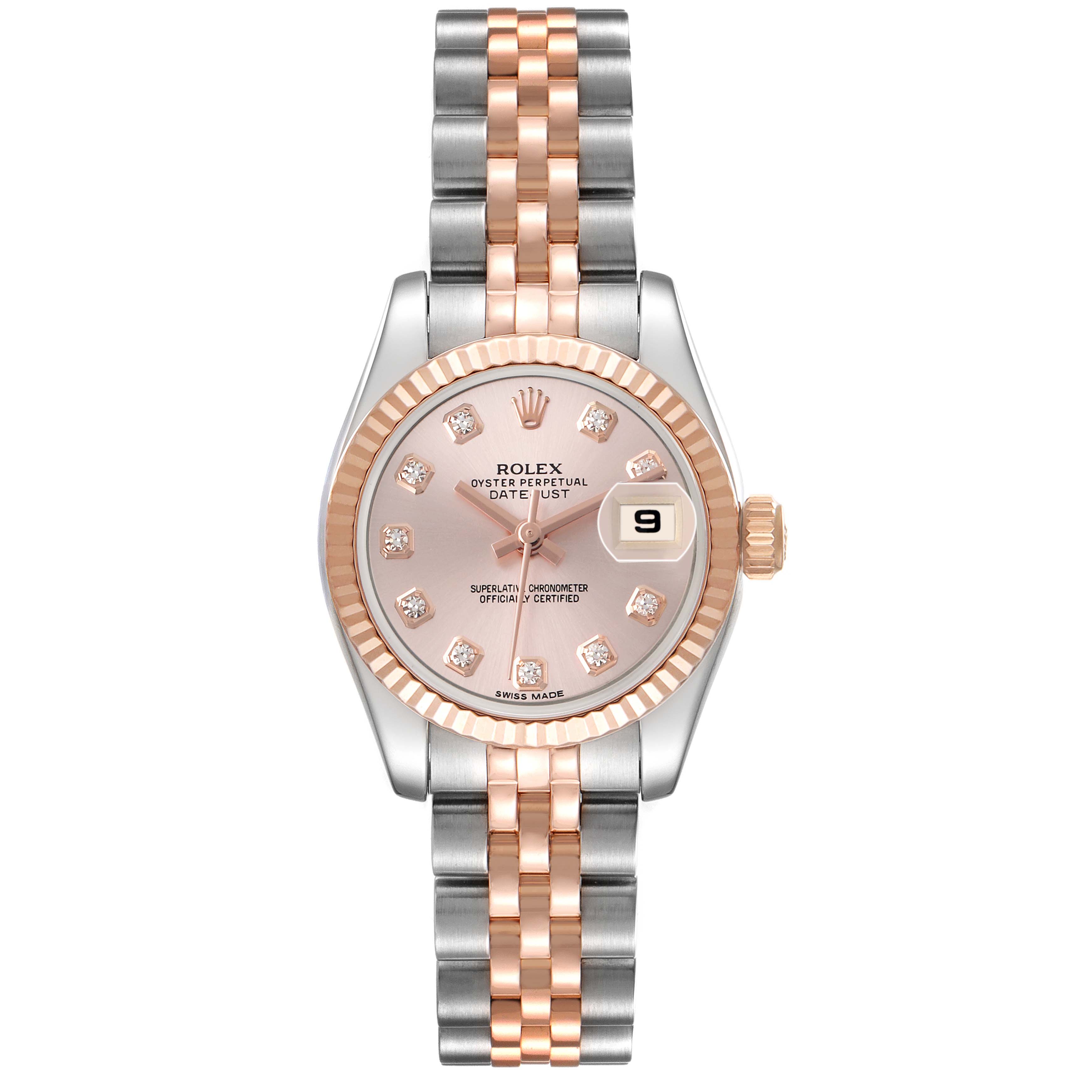 The Rolex Datejust 179171 Women's Steel and Gold (two tone) Pink Dial watch is shown from a top-down angle, displaying the dial, fluted bezel, and Jubilee bracelet.