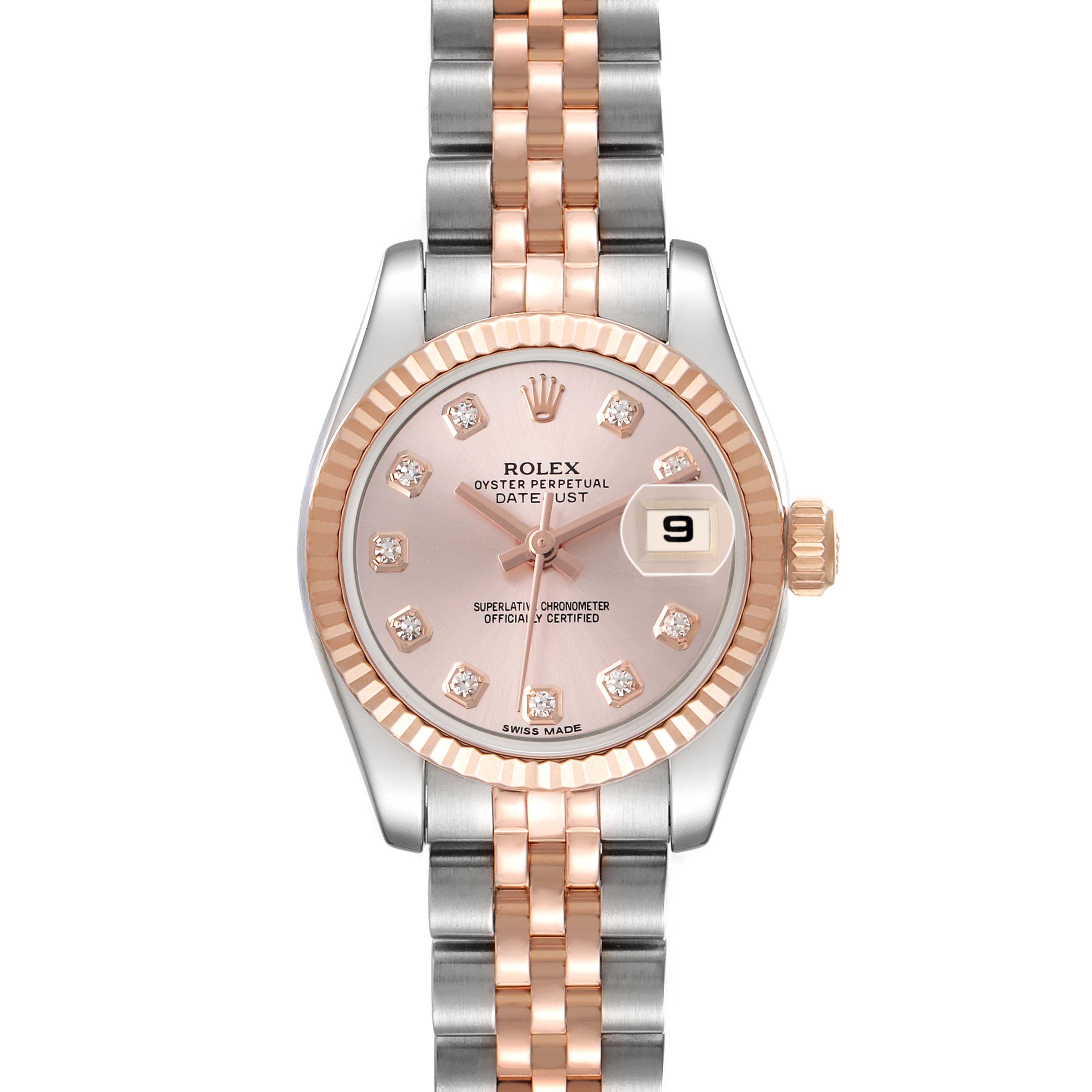 The Rolex Datejust 179171 Women's Steel and Gold (two tone) Pink Dial watch is shown from a top view, highlighting its dial, bezel, crown, and two-tone bracelet.