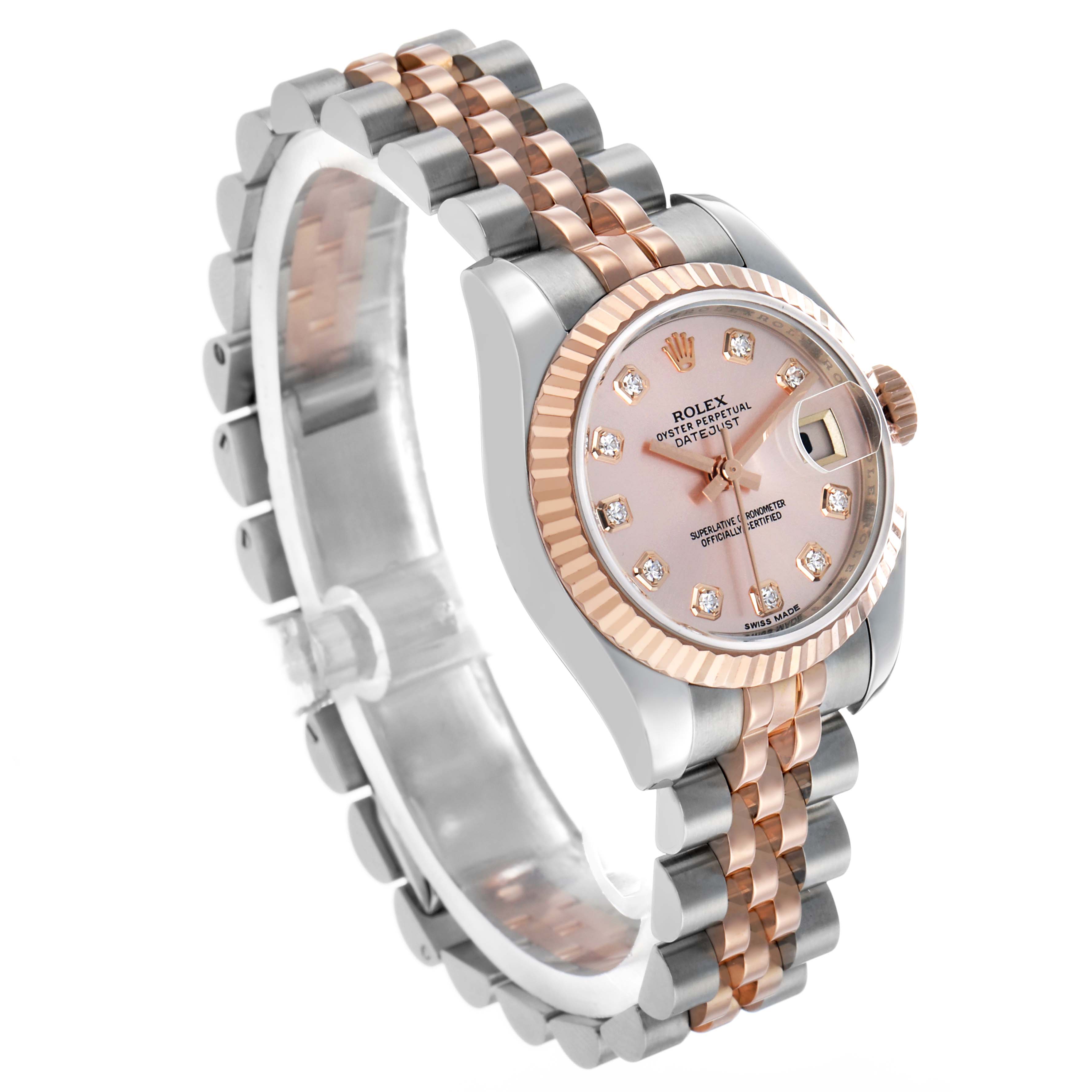 The image shows a Rolex Datejust 179171 Women's Steel and Gold (two tone) Pink Dial watch at a three-quarter angle, highlighting the dial, bezel, and two-tone bracelet.
