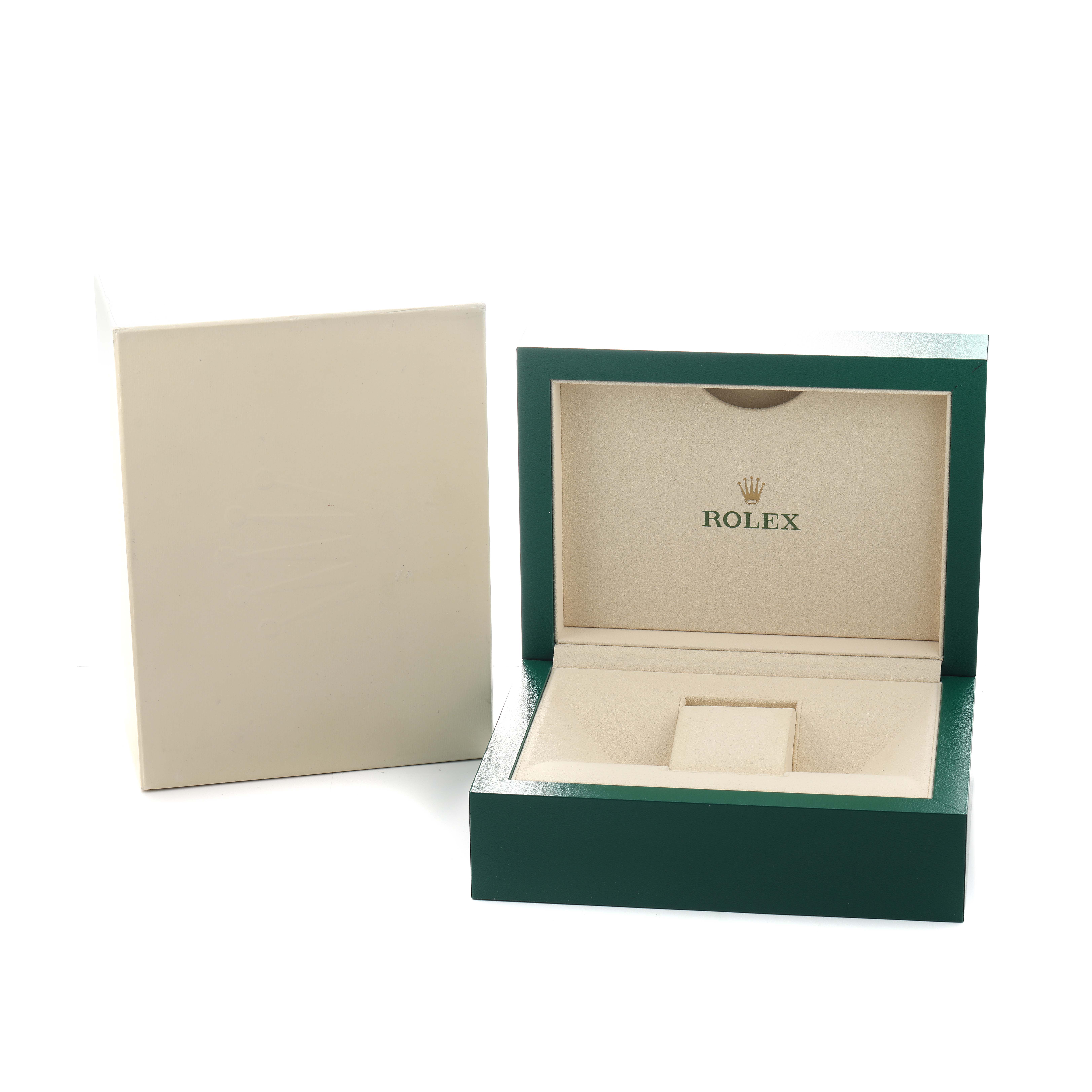 The image shows the open box and outer packaging for a Rolex Datejust 179171 Women's Steel and Gold (two tone) Pink Dial watch.