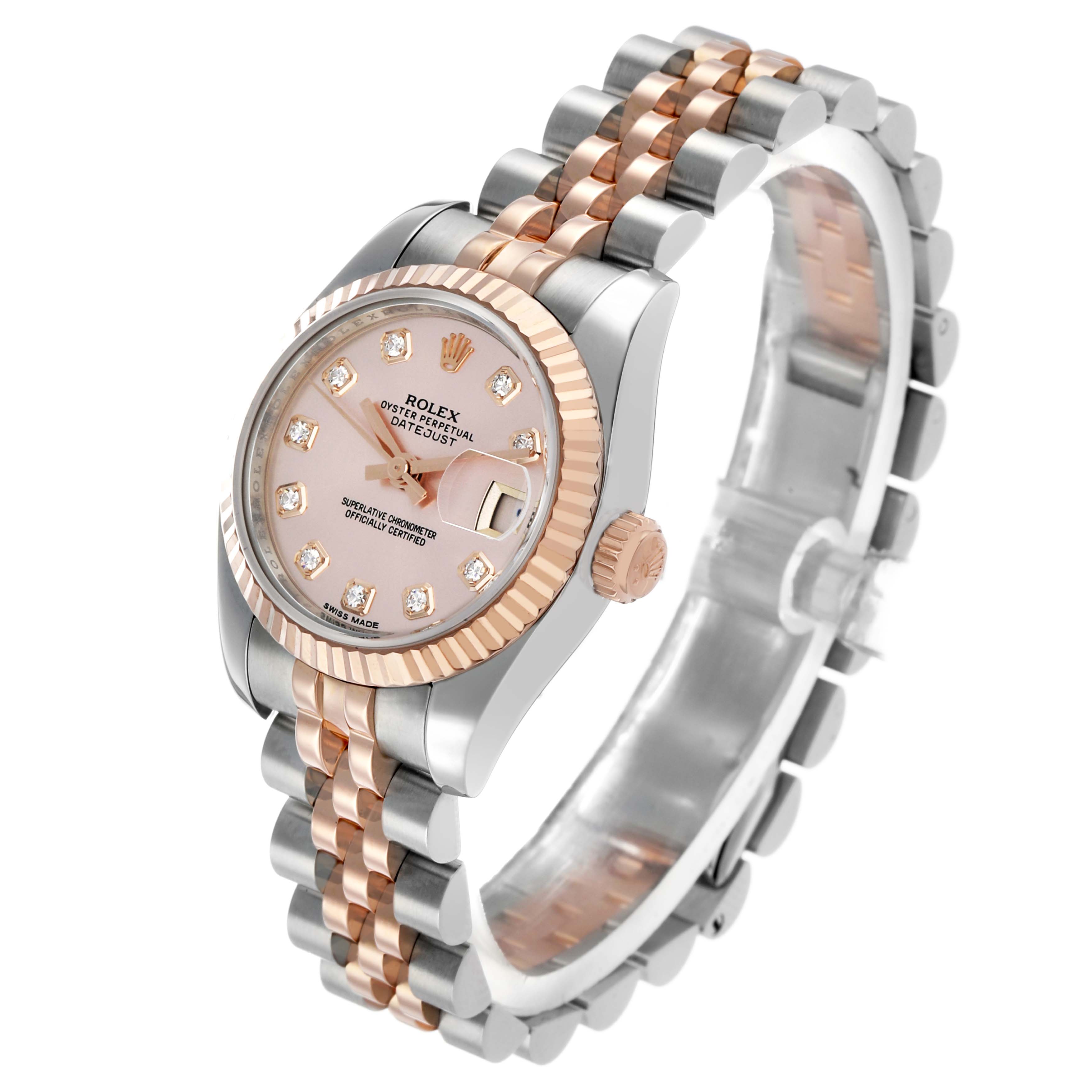The Rolex Datejust 179171 Women's Steel and Gold (two tone) Pink Dial watch is shown at a slight angle, highlighting the face, bezels, and dual-tone bracelet.