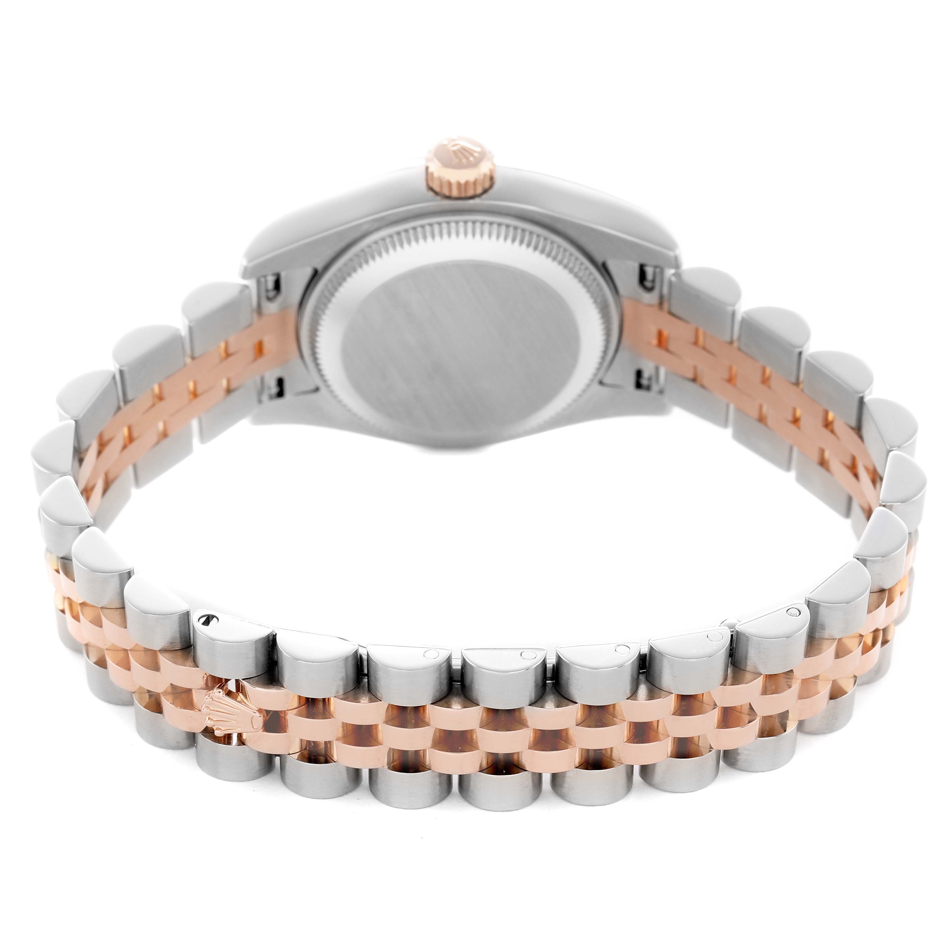 The image shows the back view of a Rolex Datejust 179171 Women's Steel and Gold (two tone) Pink Dial, highlighting the case back and two-tone bracelet.