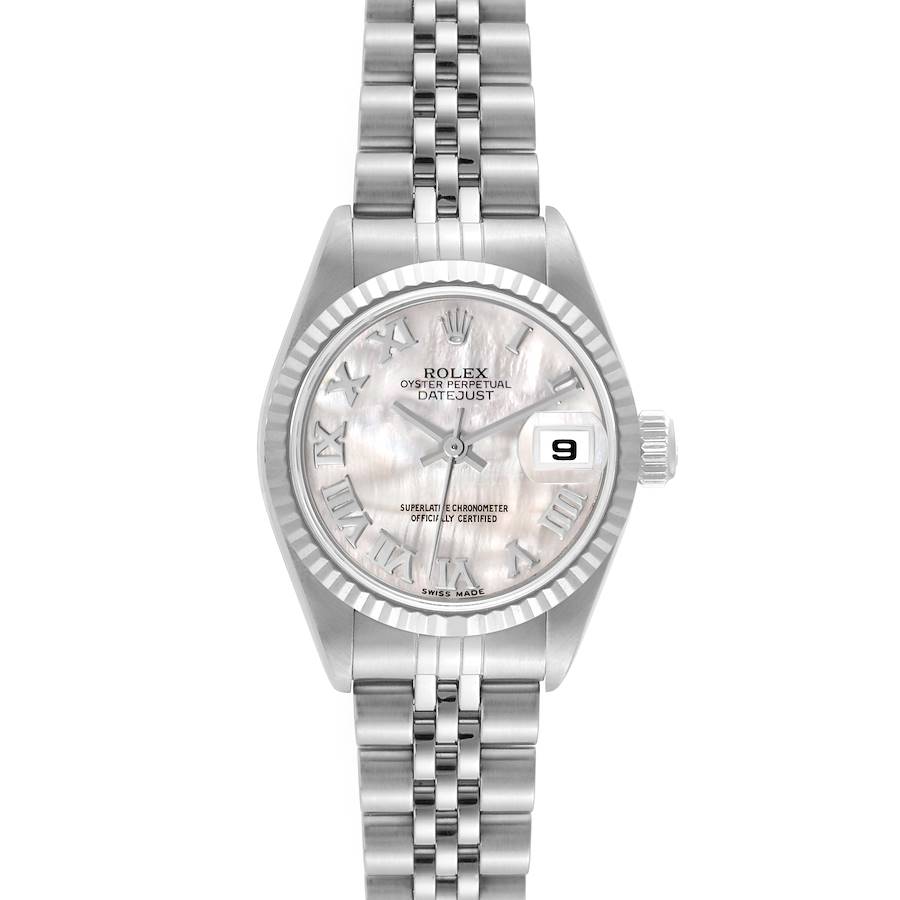 The Rolex Datejust 79174 Women's Stainless Steel Mother of Pearl Dial watch is shown from a top-down angle, featuring the face, bezel, and bracelet.