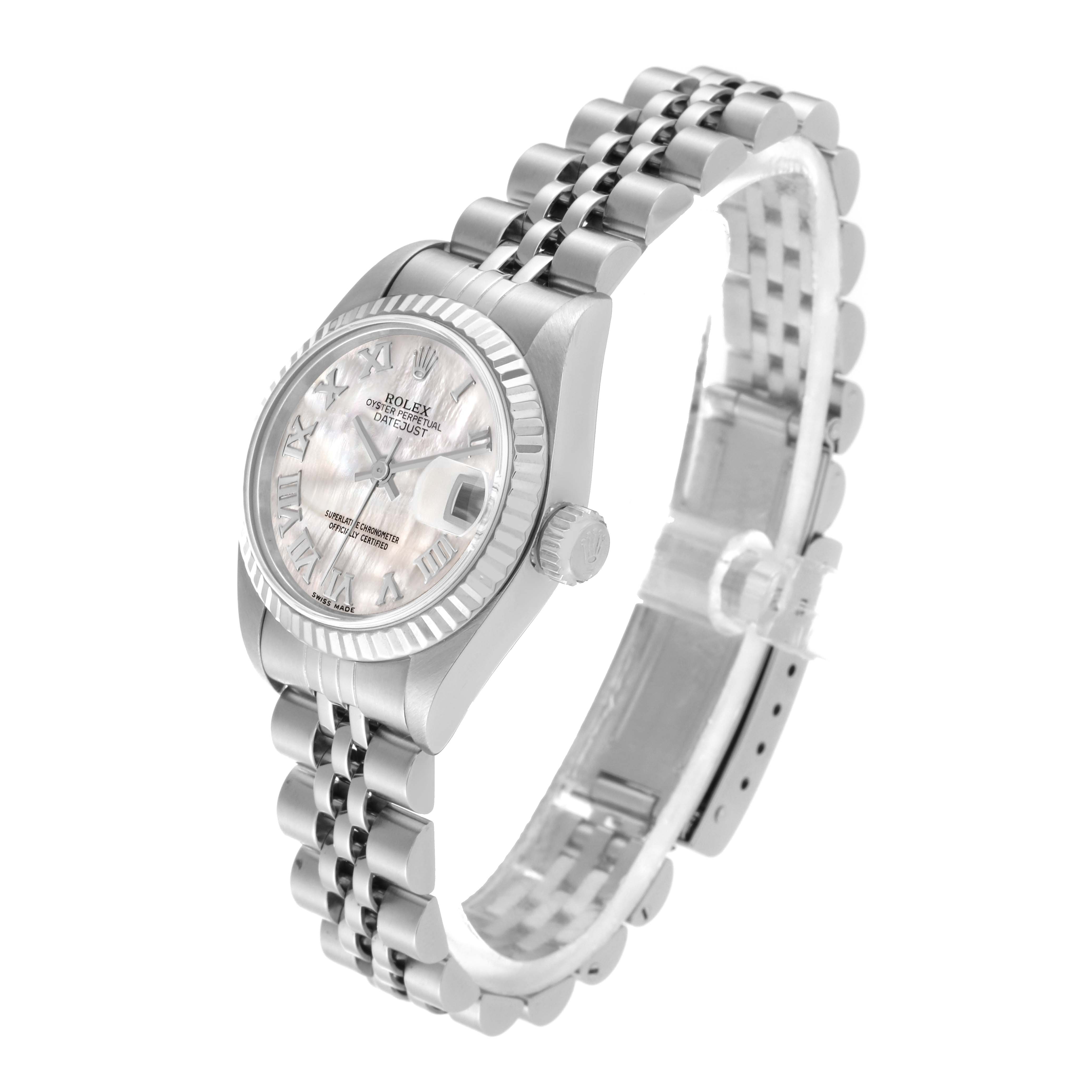 The Rolex Datejust 79174 Women's Stainless Steel Mother of Pearl Dial is shown from a top-side angle, highlighting the dial, fluted bezel, crown, and Jubilee bracelet.