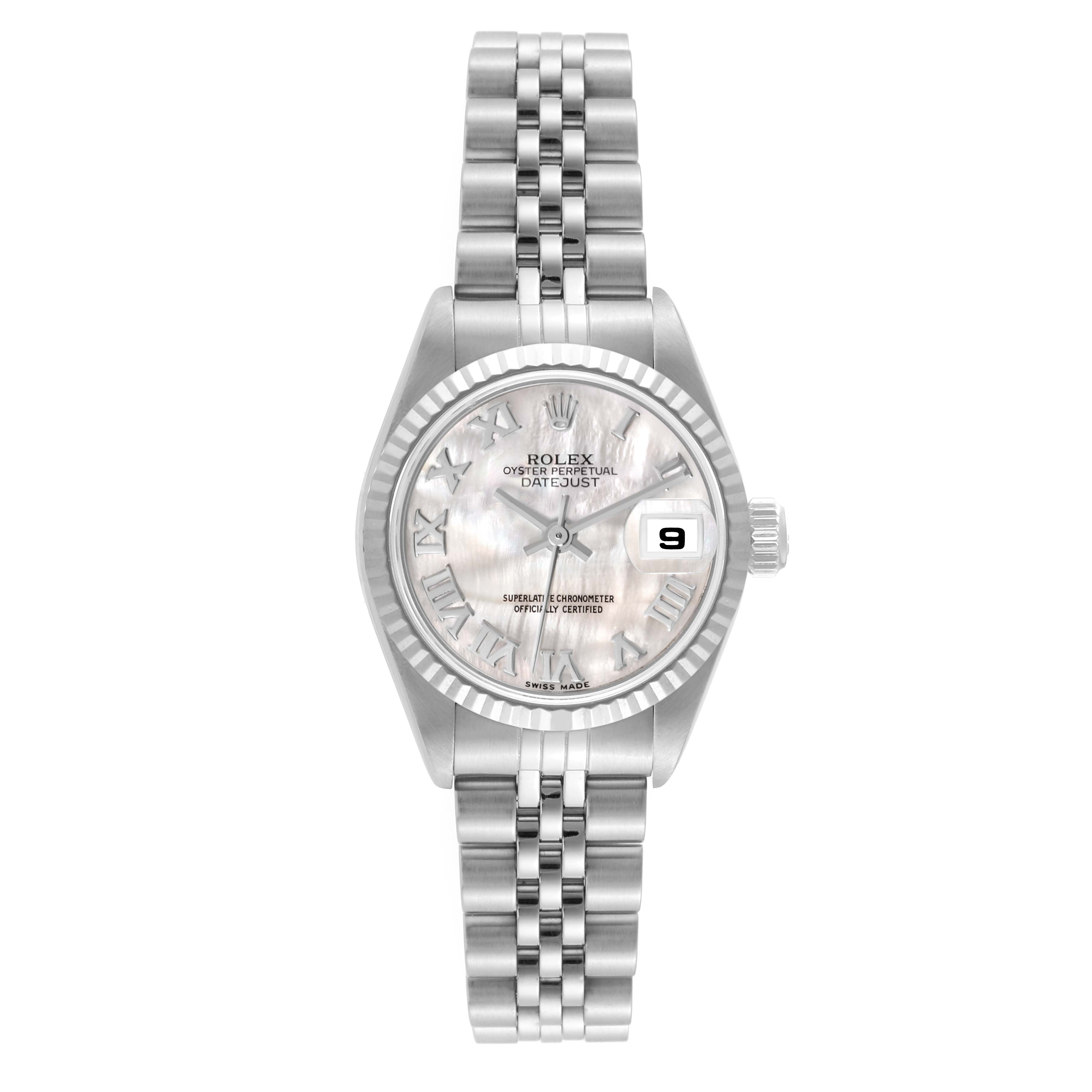 The Rolex Datejust 79174 Women's Stainless Steel Mother of Pearl Dial watch is shown from a front angle, displaying the dial, fluted bezel, and Jubilee bracelet.