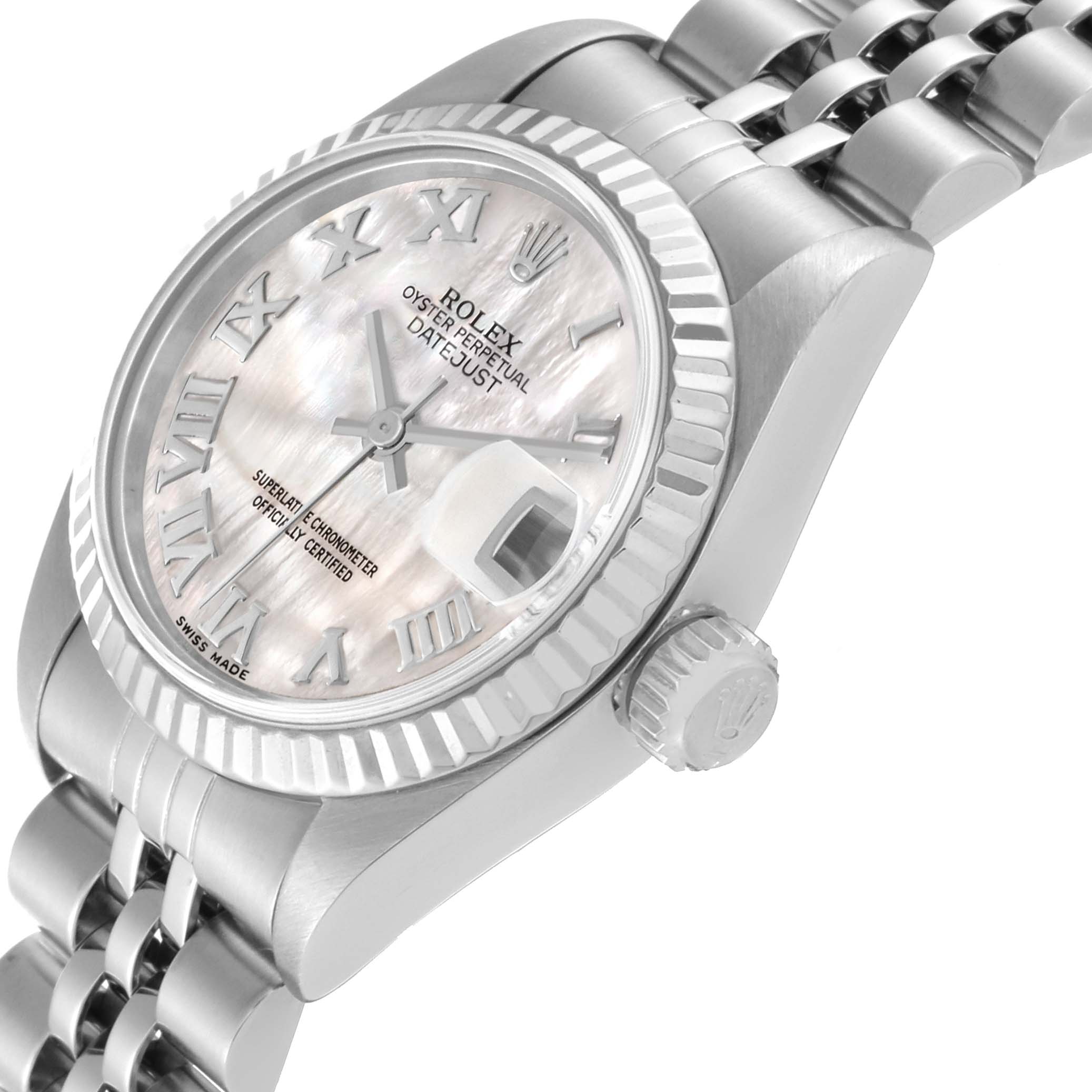 The Rolex Datejust 79174 Women's Stainless Steel Mother of Pearl Dial is shown from a side angle, highlighting the dial, bezel, crown, and part of the bracelet.