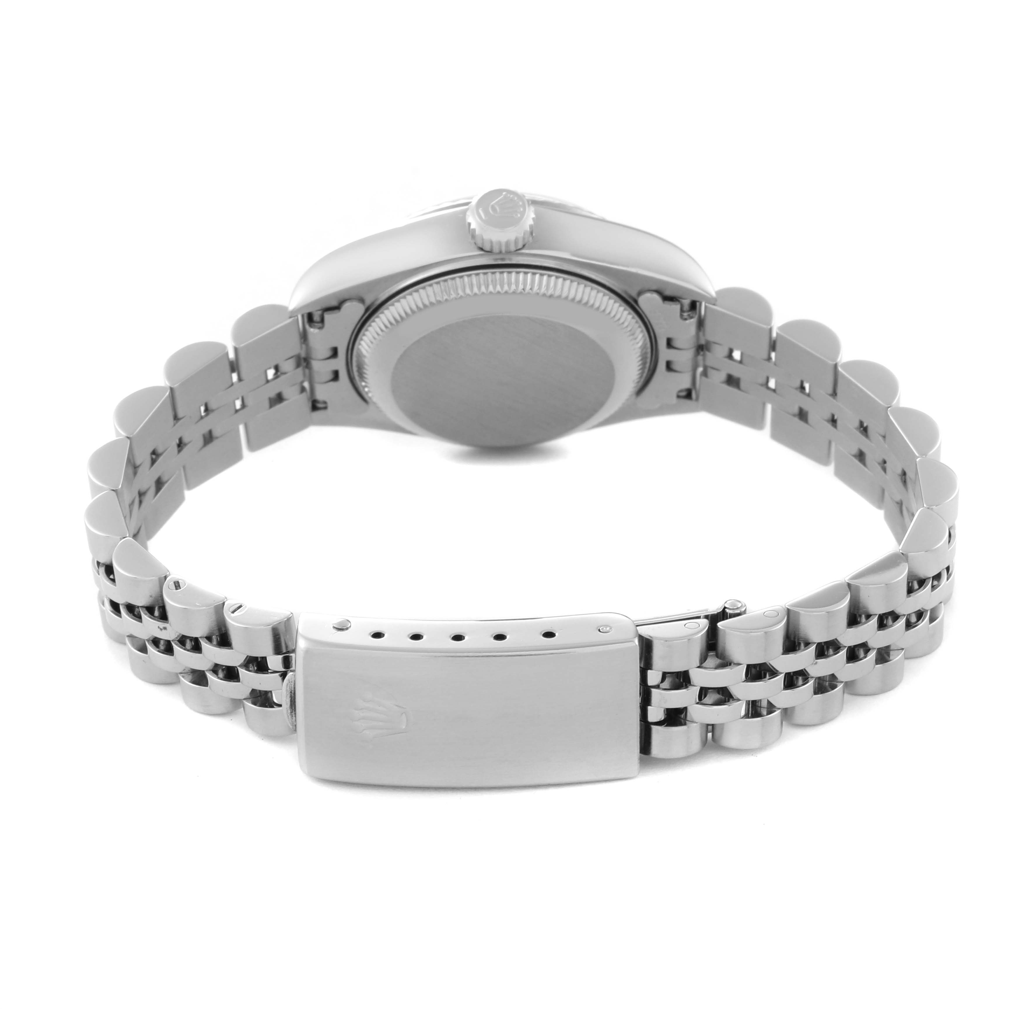 The image shows the back and bracelet of the Rolex Datejust 79174 Women's Stainless Steel Mother of Pearl Dial, highlighting the clasp and case back.