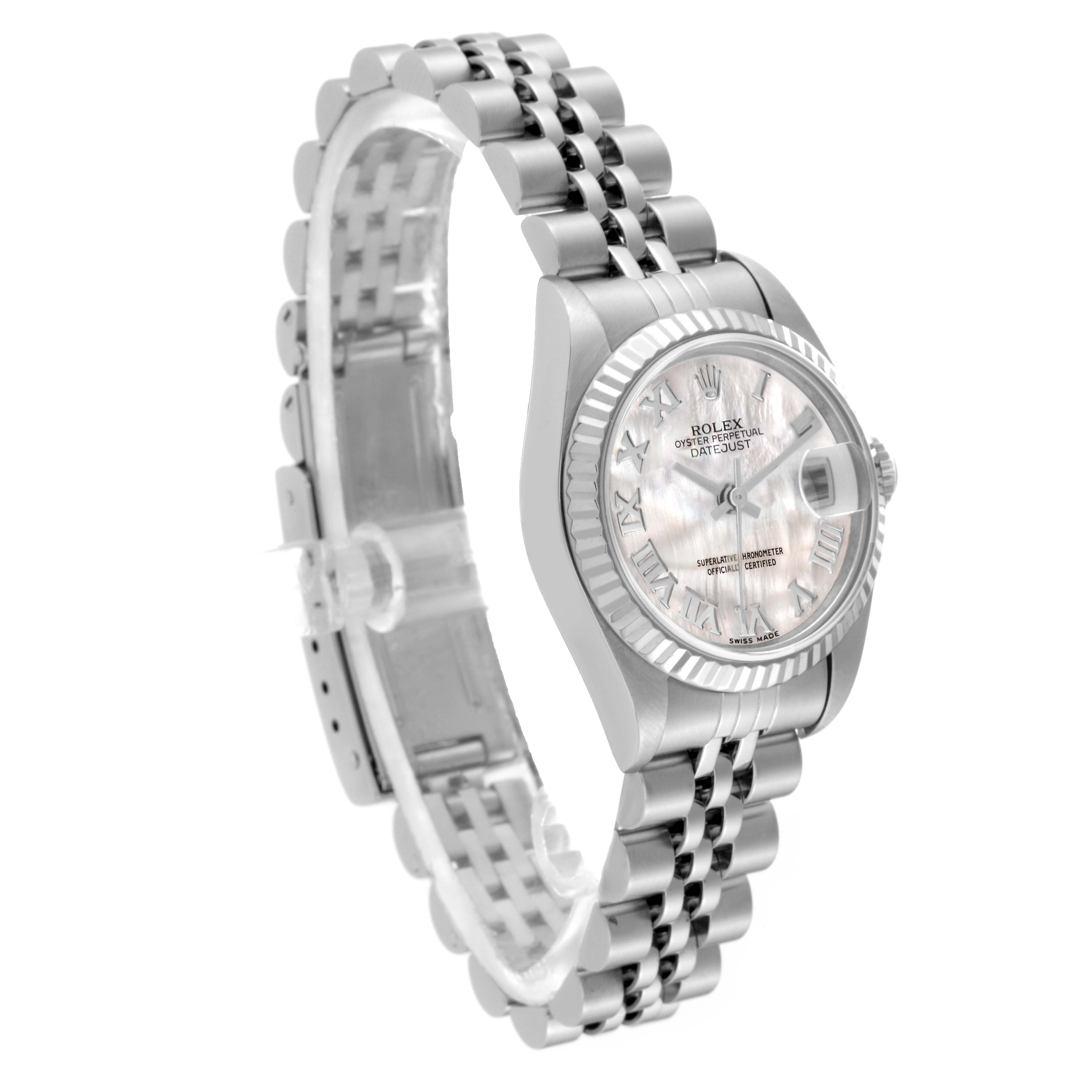 The Rolex Datejust 79174 Women's Stainless Steel Mother of Pearl Dial watch is shown at a three-quarter angle, highlighting the dial, bezel, and Jubilee bracelet.