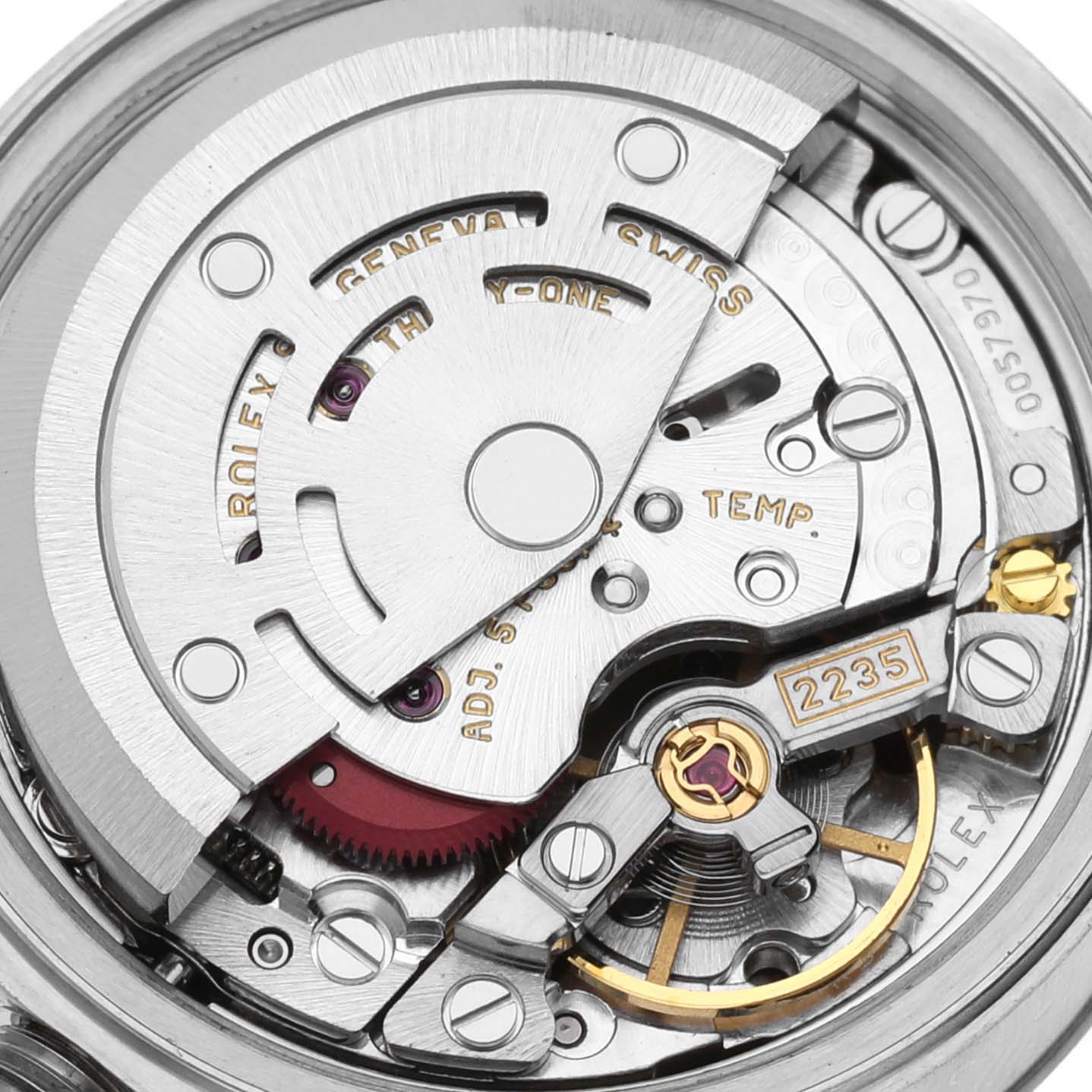 The image shows the movement of a Rolex Datejust 79174 Women's Stainless Steel Mother of Pearl Dial watch, highlighting gears, bridges, and the automatic rotor from a top-down angle.