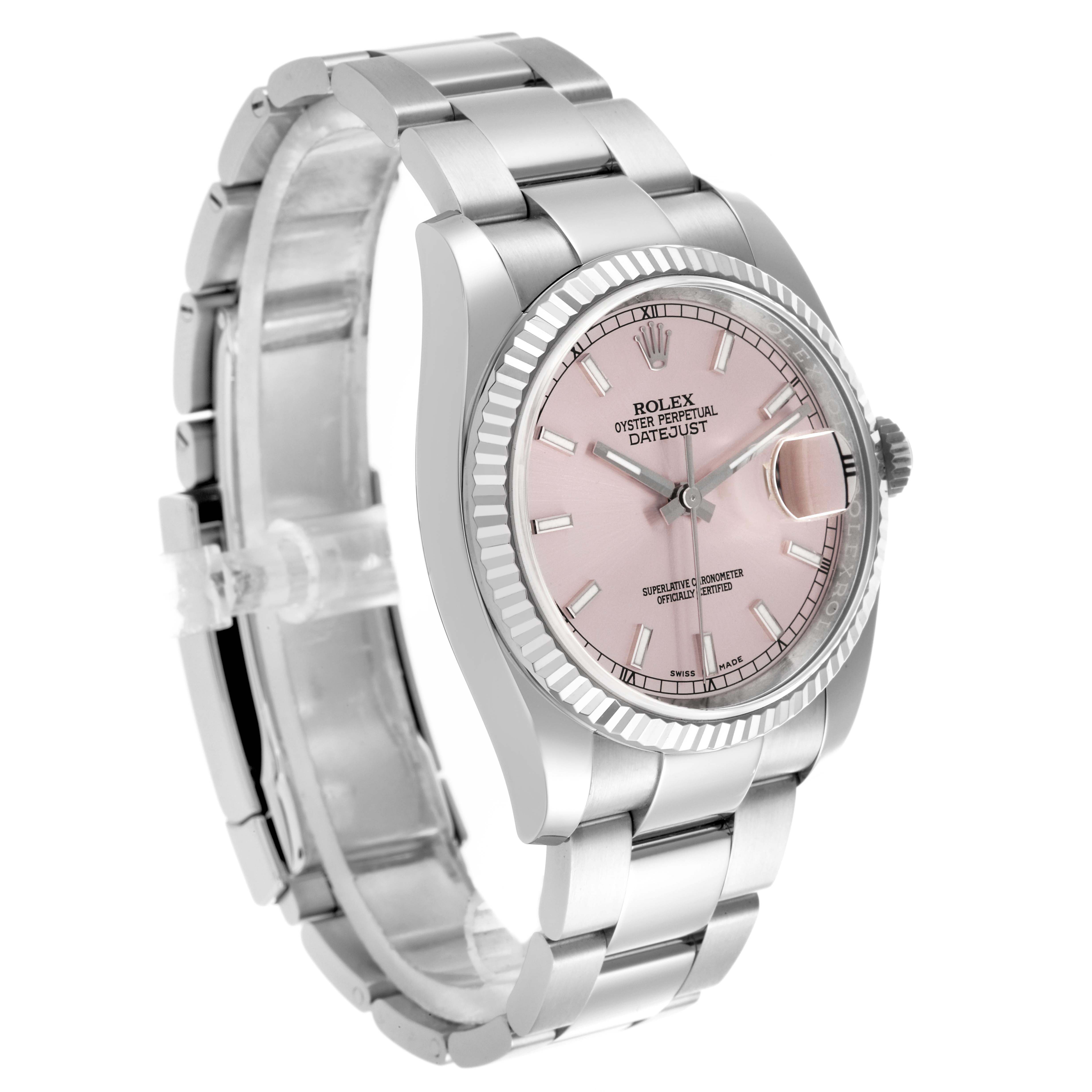 The Rolex Datejust 116234 Men's Stainless Steel Pink Dial 116234 Men's Stainless Steel Pink Dial watch is shown at a side angle, highlighting its bracelet, fluted bezel, and pink dial.