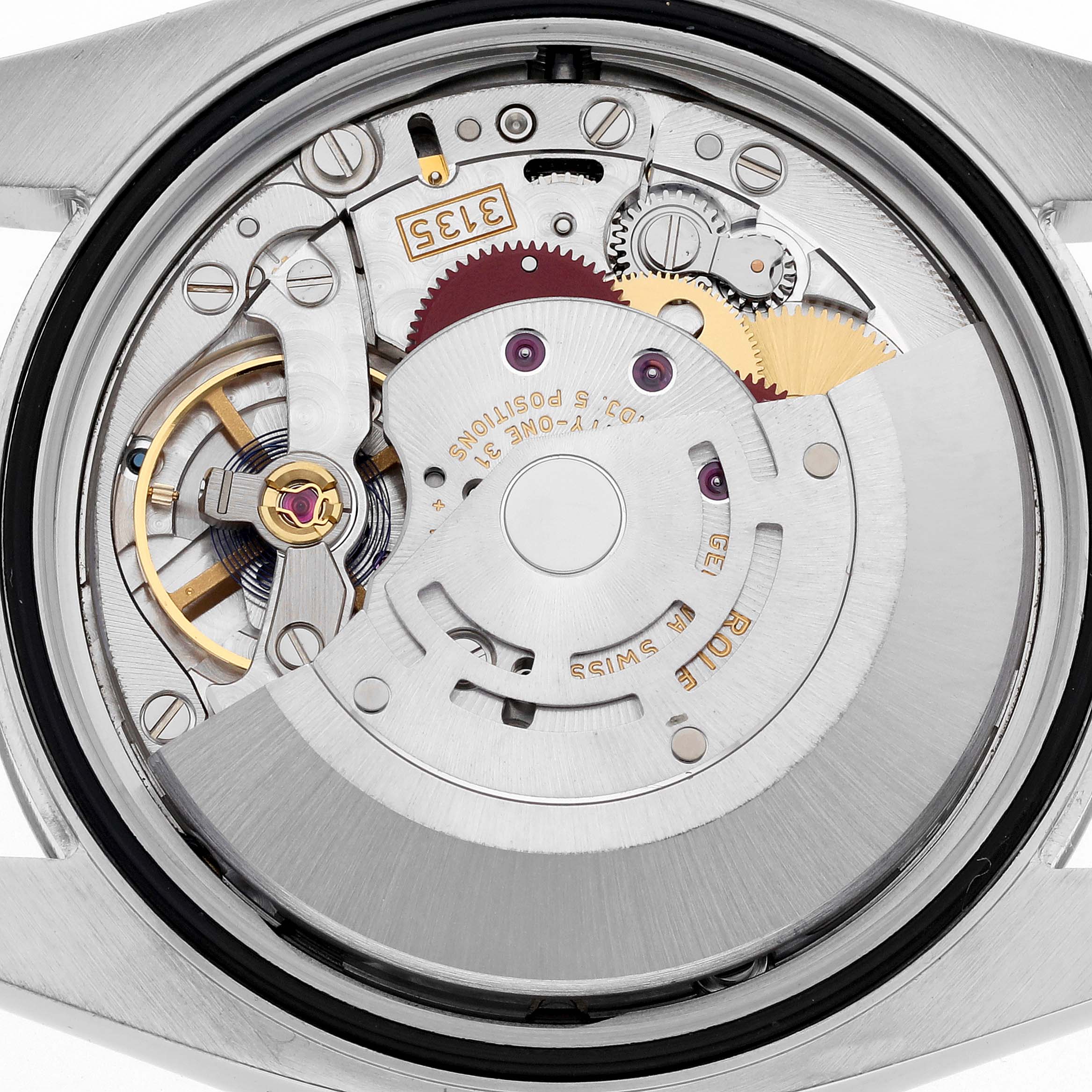 The image shows the internal movement of a Rolex Datejust 116234 Men's Stainless Steel Pink Dial 116234 Men's Stainless Steel Pink Dial watch from the back.