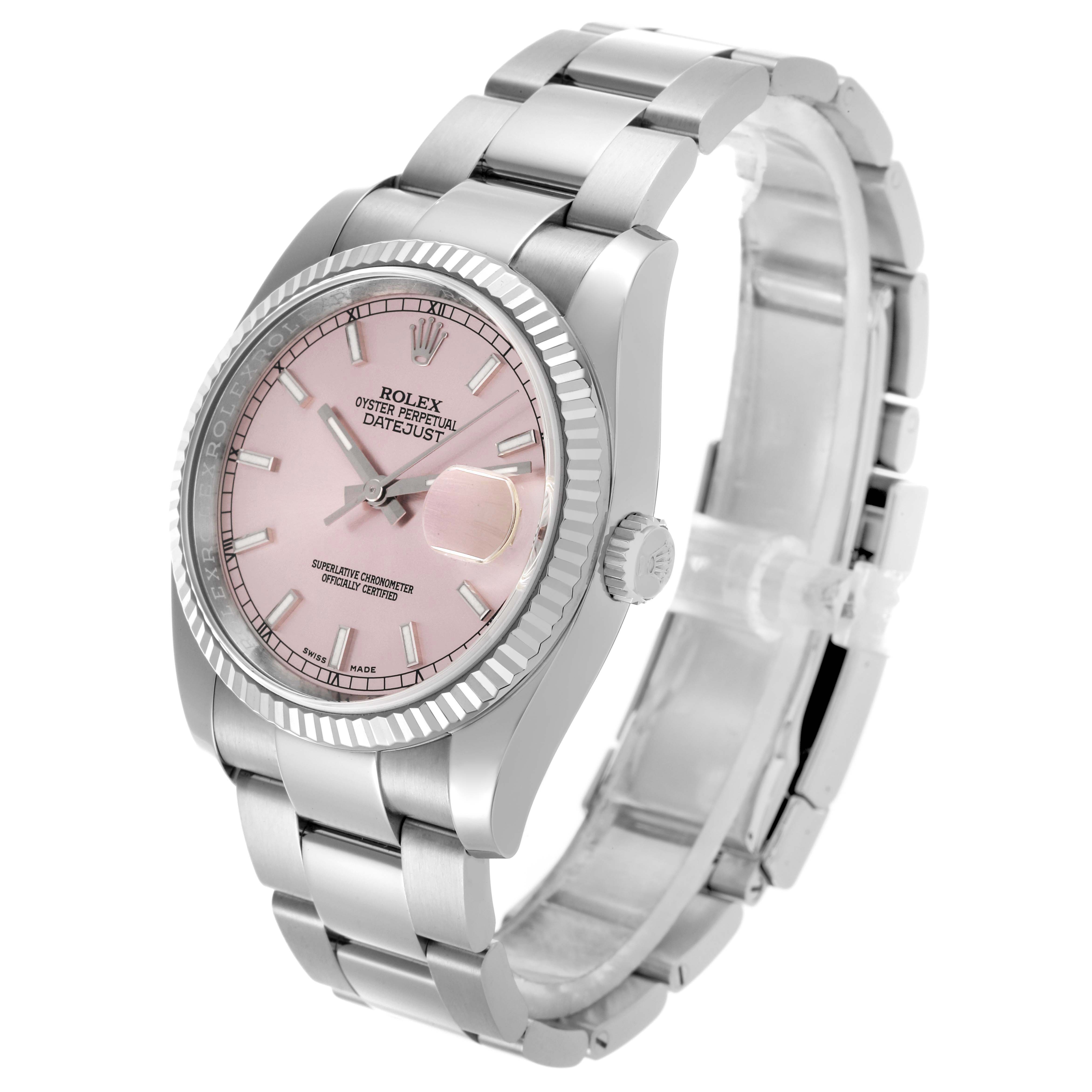 The Rolex Datejust 116234 Men's Stainless Steel Pink Dial 116234 Men's Stainless Steel Pink Dial watch is shown from a three-quarter angle, displaying its pink dial, bezel, and bracelet.