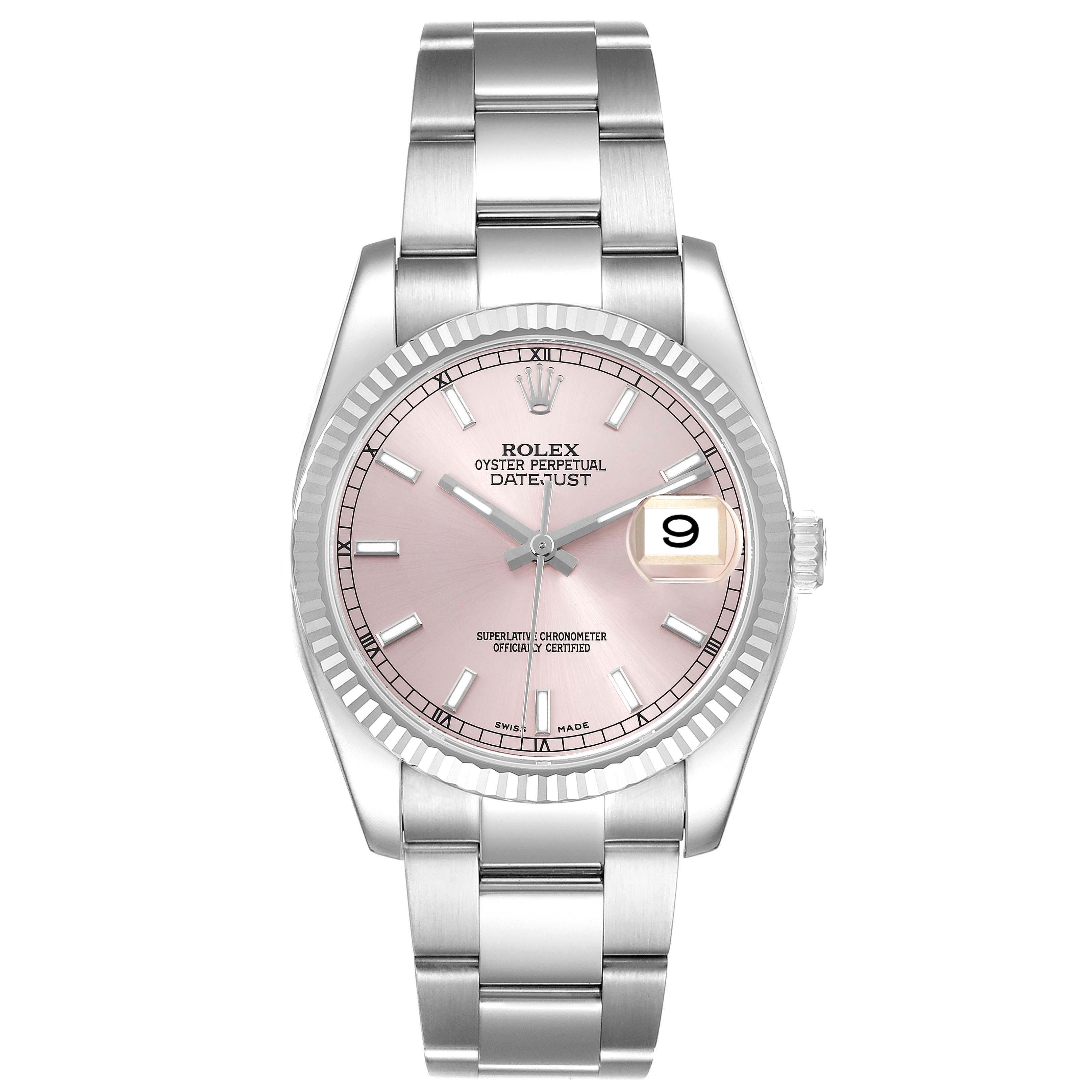 The Rolex Datejust 116234 Men's Stainless Steel Pink Dial 116234 Men's Stainless Steel Pink Dial watch is shown from a top-down angle, featuring its pink dial, fluted bezel, and bracelet.