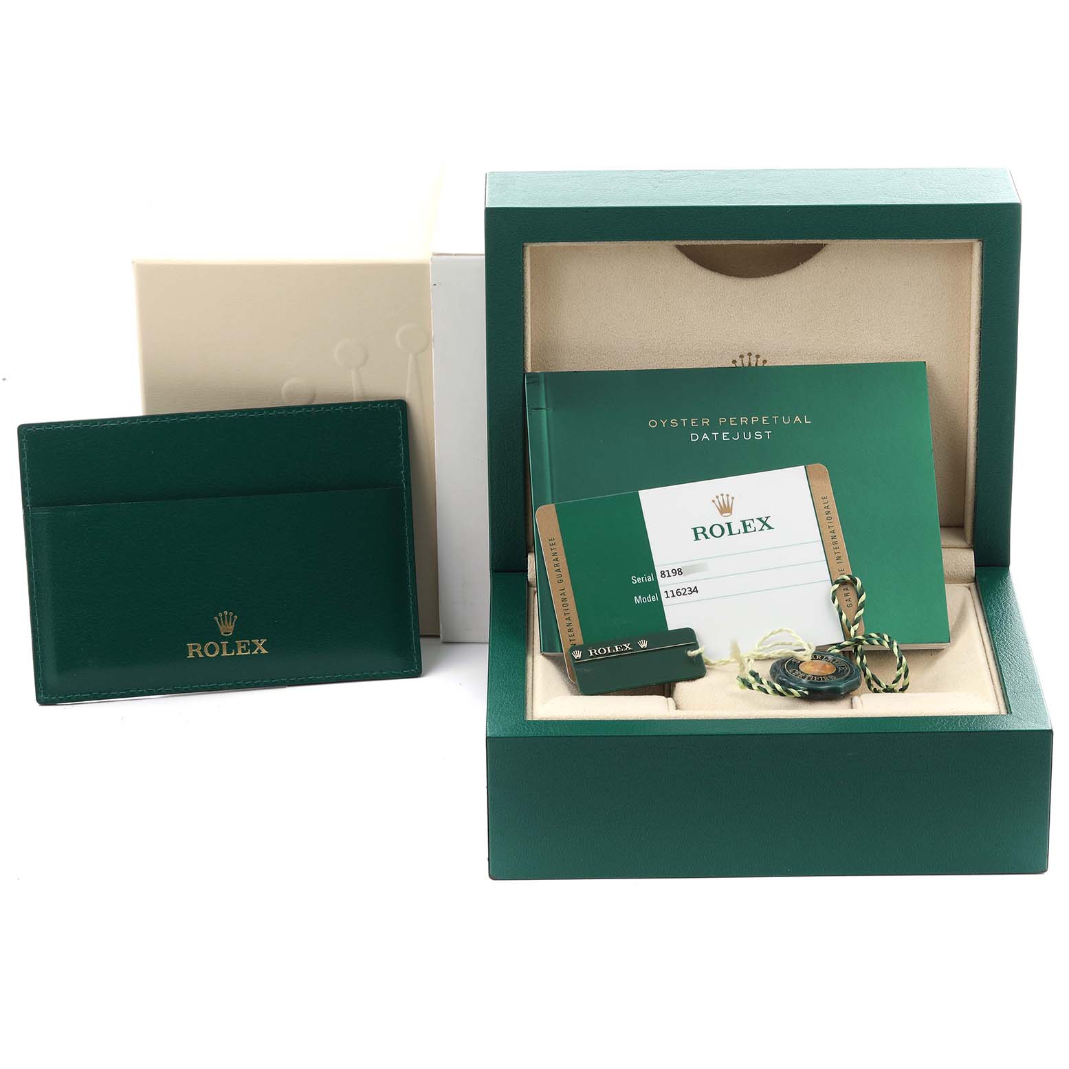 The image shows a Rolex Datejust 116234 Men's Stainless Steel Pink Dial 116234 Men's Stainless Steel Pink Dial box set with a green cardholder, warranty card, and booklet.