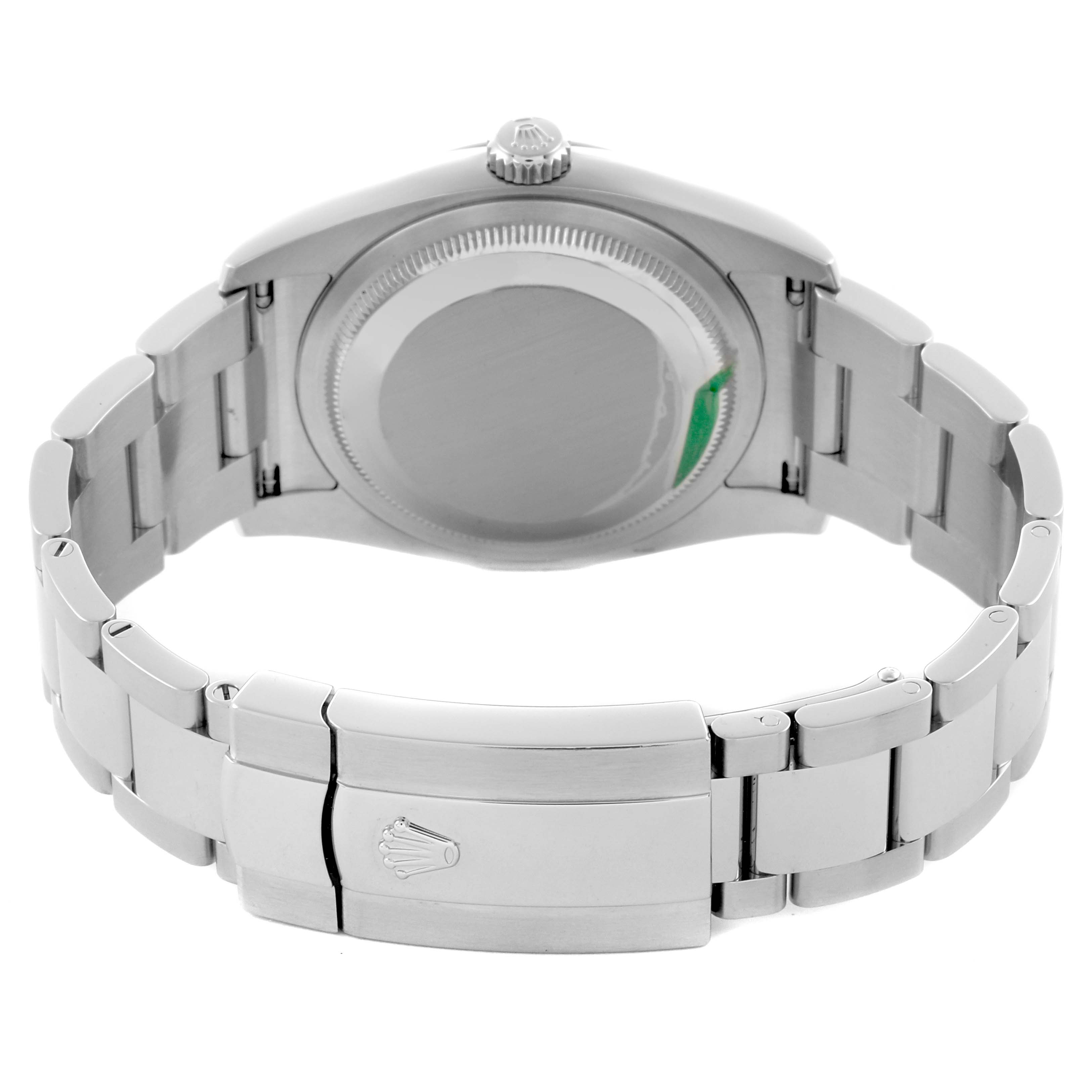 The image shows the Rolex Datejust 116234 Men's Stainless Steel Pink Dial 116234 Men's Stainless Steel Pink Dial's clasp, bracelet, and case back from the rear.