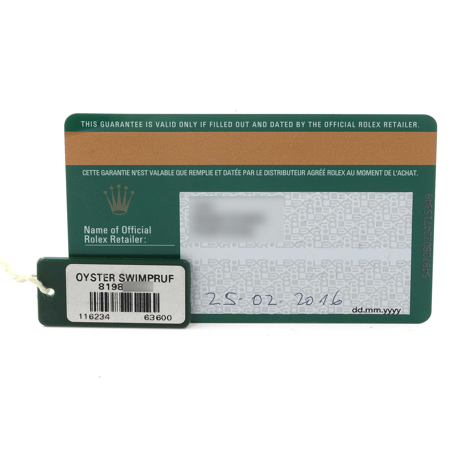 The image shows a warranty card and an Oyster Swimpruf tag for a Rolex Datejust 116234 Men's Stainless Steel Pink Dial 116234 Men's Stainless Steel Pink Dial watch.