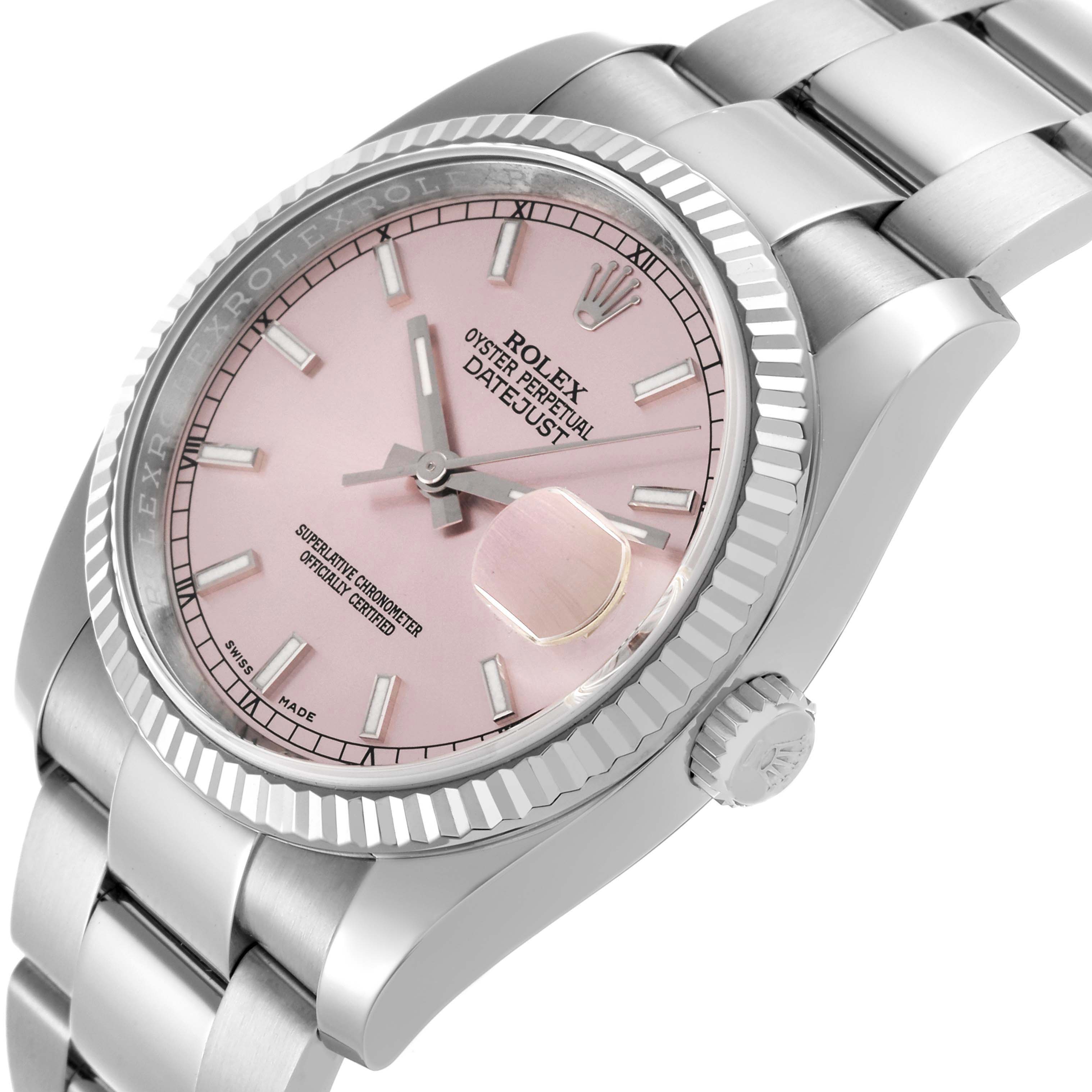 The Rolex Datejust 116234 Men's Stainless Steel Pink Dial 116234 Men's Stainless Steel Pink Dial watch is shown at an angled side view highlighting the pink dial, bezel, and bracelet.