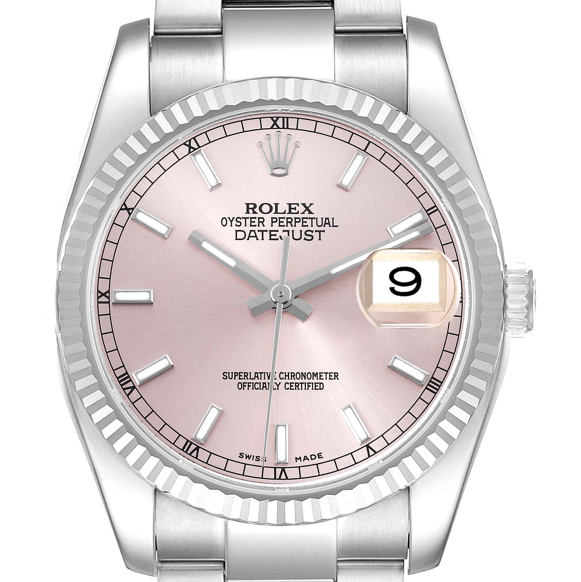 The Rolex Datejust 116234 Men's Stainless Steel Pink Dial 116234 Men's Stainless Steel Pink Dial watch is shown from the front, displaying the face, dial, and bracelet.