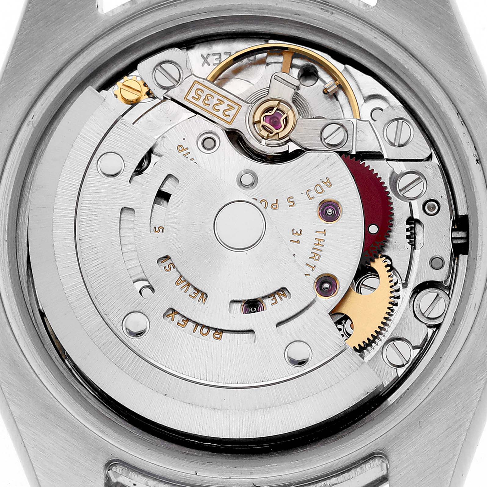 The image shows the back view of the Rolex Datejust 179174 Women's Stainless Steel Pink Dial 179174 Women's Stainless Steel Pink Dial movement, highlighting its intricate mechanical parts.